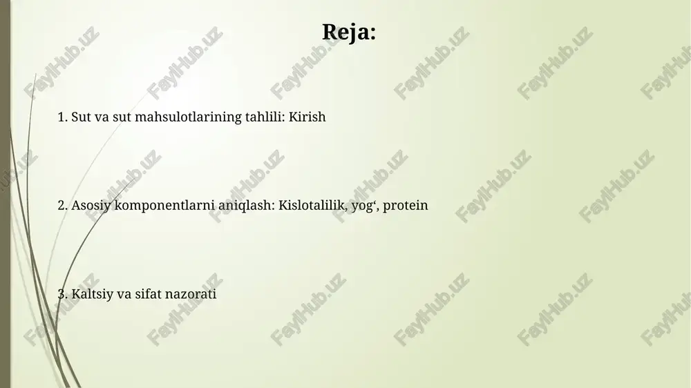 qlashda keng qo'llaniladi, bu usul ca2+ ionlari bilan barqaror kompleks hosil qilib, eritmadagi umumiy kaltsiyni aniqlaydi. atom-absorbsion spektrometriya (aas) kaltsiyni o'lchash uchun yuqori sezuvchanlikni ta'minlaydi. namuna atomizatsiya qilinadi va kaltsiy atomlari o'ziga xos to'lqin uzunligida nurni yutadi, konsentratsiya esa yutilish bilan aniqlanadi. titrlash usuli bilan kislotalilikni aniqlash titrlash usuli sut kislotaliligini aniqlashda ishqor eritmasi (odatda 0.1 n naoh) yordamida sutdagi kislotalikni neytrallash orqali amalga oshiriladi, bu esa sut tarkibidagi titrlanadigan kislotalikni ko'rsatadi. fenolftalein indikatori titrlash jarayonida rangsizdan pushti rangga o'zgarishi bilan yakuniy nuqtani aniqlash uchun ishlatiladi, bu ph 8.3 ga yaqinlashganda erkin kislotalar neytrallanganligini bildiradi. gerber usuli bilan yog' miqdorini aniqlash gerber usuli, sut mahsulotlarida yog‘ miqdorini aniqlashda ishlatiladigan santrifugali kimyoviy usul bo‘lib, 10-11 ml sutga 10 ml sulfat kislota va 1 ml izoamil spirt qo‘shiladi. bu usul yog‘ni ajratish uchun kislotali gidroliz va santrifugadan foydalanadi, o‘lchov silindrida yog‘ qatlamini hosil qiladi va yog‘ miqdori foizlarda o‘lchanadi, masalan, 3.2% yog‘lilik. …