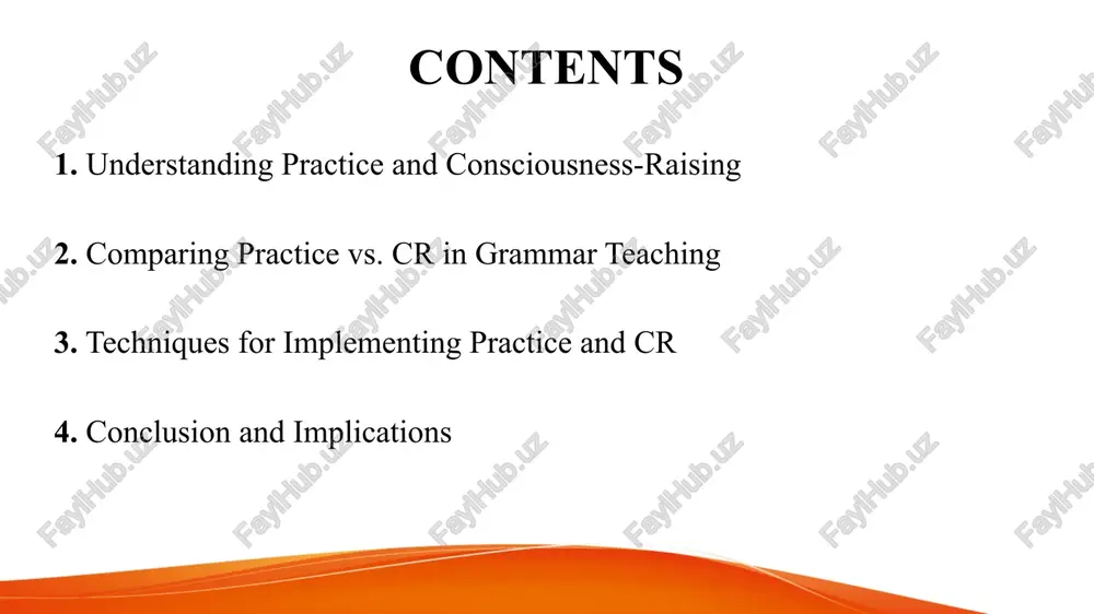 que 1: combining practice with cr in lessons explore ellis’ suggestion of blending both methods in a single lesson, using cr to introduce grammar concepts and practice to reinforce them. technique 2: cr tasks to develop awareness describe cr activities that promote noticing, such as error identification, pattern recognition, or discussion-based tasks, emphasizing learner autonomy. technique 3: structured practice for fluency detail structured practice activities, such as sentence completion, substitution drills, and transformation exercises, and explain how they reinforce specific grammar structures. conclusion summarize the key points from the presentation. emphasize the value of balancing both approaches for comprehensive grammar teaching that supports accuracy, fluency, and grammatical awareness. thank you for your attention. image2.jpeg image1.jpeg