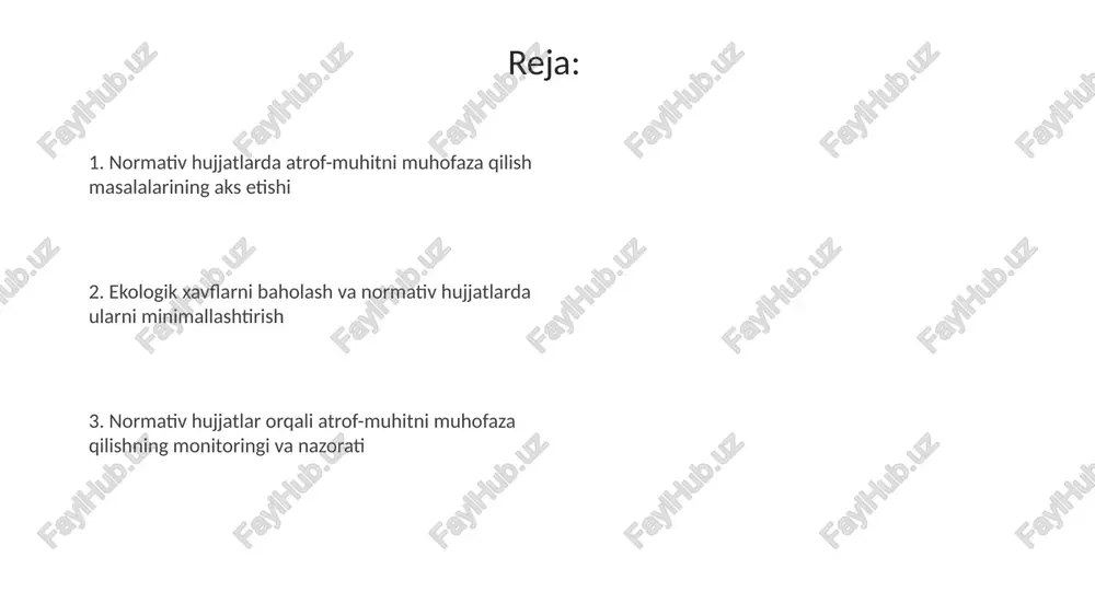 malga oshiriladi, unda sanoat korxonalarining atmosfera havosiga ta'siri ko'rsatkichlari aniqlanadi. ekologik monitoring va baholash ekologik monitoring 3 ta asosiy komponentni o'z ichiga oladi: atrof-muhit holatini kuzatish, baholash va prognoz qilish; bu jarayonlar ekotizimlarning barqarorligini ta'minlash uchun zarur. baholash jarayonida atrof-muhit sifatining me'yoriy hujjatlarda belgilangan standartlarga muvofiqligi aniqlanadi, bu ifloslanish darajasini aniqlashda muhim ahamiyatga ega. normativ talablarning buzilishi uchun javobgarlik normativ hujjat talablarini buzish ma'muriy javobgarlik to'g'risidagi kodeksning 91-moddasiga muvofiq 1 million so'mdan 3 million so'mgacha jarima solishga olib kelishi mumkin. atrof-muhitga zarar yetkazadigan normativ talablar buzilganda, jinoyat kodeksining 232-moddasiga ko'ra 5 yilgacha ozodlikdan mahrum etish jazosi qo'llanilishi mumkin. eng yaxshi amaliyotlar va texnologiyalar batlar 1996-yilgi ippc direktivasi (hozirgi ied) orqali tartibga solingan bo'lib, sanoat ob'ektlari atrof-muhitga ta'sirini kamaytirish uchun ishlatiladi. eng yaxshi mavjud texnologiyalar (bat) - bu atrof-muhitni muhofaza qilish uchun eng samarali va ilg'or usullar, jarayonlar yoki xizmatlar. ular iqtisodiy jihatdan maqbul va qo'llanilishi mumkin. xalqaro tajriba yevropa ittifoqi …