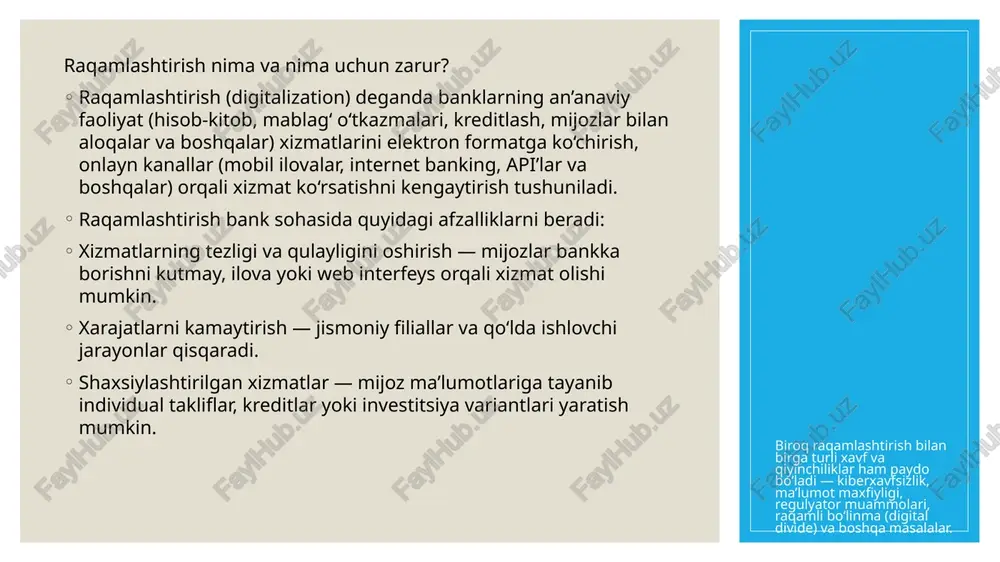 egratsiyalar, hamkorliklar bilan banklar tez yangicha mahsulotlar yaratishi va bozorda oldinda bo‘lishi mumkin. muammolar va xavf-xatarlar 1. kiberxavfsizlik va ma’lumot xavfi digitalizatsiyaning asosiy zaifligi — ma’lumot huquqbuzarligi, phishing, ma’lumot buzilishi. tadqiqotlar ko‘p faktorli autentifikatsiya, biometrik tekshirish va ai asosida firibgarlikni aniqlash yechimlarini taklif qiladi. 2. regulyator va qonunchilik masalalari banklar va fintechlar faoliyatida ma’lumot maxfiyligi, mijoz huquqlari, fraud monitoring, cross-border xizmatlar uchun regulyator muammolari bo‘lishi mumkin. 3. texnologik murakkablik va integratsiya eski (legacy) bank tizimlarini yangilash va yangi raqamli platformalar bilan integratsiya qilish qiyin va qimmat bo‘lishi mumkin. 4. raqamli ajratma (digital divide) aholining ayrim qismi (qariroq, chekka hududlar) internetga kirish imkoniga ega emas yoki raqamli xizmatlardan foydalanishni bilmaydi. bu inkluzivlik masalasi. 5. operatsion va tizim xatoliklar server xatolari, uzilishlar, texnik nosozliklar xizmat uzilishiga olib kelishi mumkin. raqamlashtirishni faqat texnologiya joriy qilish deb qabul qilmay, u strategik o‘zgarish sifatida ko‘rib chiqish kerak: bosqichma-bosqich joriy qilish: hammasini birdaniga almashtirish xavfli bo‘lishi …