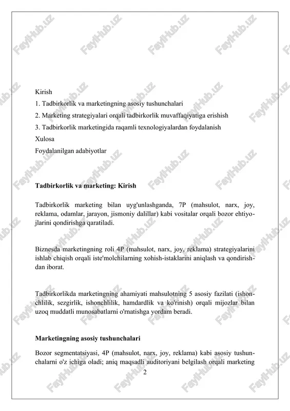 k marketingi 3.0 da mijozlarning talablarini qondirish va 4.0 da texnologiyalar yordamida maqsadli auditoriyaga yetib borish, shu jumladan sun'iy intellekt (ai)dan foydalanish. bozor tadqiqotlari va tahlil bozor tadqiqotlari kompaniyalarga raqobatbardosh ustunlikka erishish uchun demografik, psixografik va xarid qilish tendentsiyalari kabi 4p marketing elementlarini tahlil qilishda yordam beradi. raqobatchilarning bozor strategiyalari va ularning 5c marketing modeli (company, customers, competitors, collaborators, context) doirasidagi faoliyatini baholash bozor tadqiqotlarining muhim qismidir. bozor tadqiqotlari ma’lumotlarni yig’ish uchun so’rovlar, fokus-guruhlar va kuzatuv kabi usullardan foydalanadi, bu esa bozorni segmentlash va maqsadli auditoriyani aniqlashga imkon beradi. target auditoriyani aniqlash target auditoriyani aniqlash demografik ma'lumotlarni (yosh, jins, daromad) tahlil qilishni o'z ichiga oladi, bu esa xaridorlarning 70% ini tashkil etuvchi asosiy guruhlarni aniqlashga yordam beradi. psixografik segmentatsiya 25-45 yoshdagi auditoriyaning qiziqishlari va turmush tarzi xususiyatlarini o'rganadi, bu esa marketing xabarlarini ularning ehtiyojlariga moslashtirish imkonini beradi. maqsadli auditoriyani aniqlashda 80/20 qoidasi muhim: umumiy savdoning 80%ini ta'minlovchi 20%lik mijozlar guruhiga …