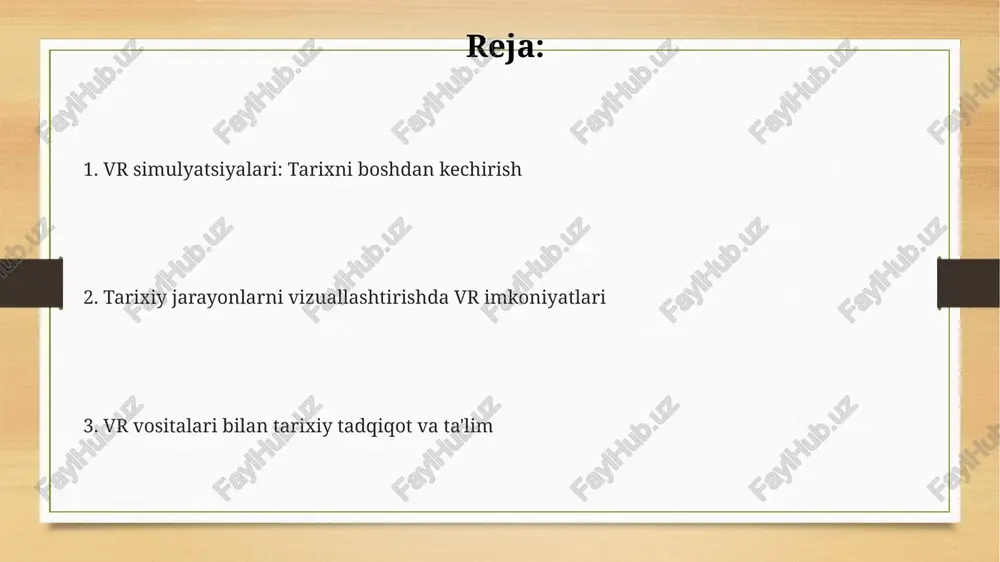 alar orqali tarixiy qarorlarning oqibatlarini tushunish mumkin. masalan, 1917-yildagi inqilob oqibatlarini o'rganishda simulyatsiya turli ssenariylarni ko'rsatib, saboq olishga yordam beradi. vr texnologiyalarining evolyutsiyasi 1960-yillarda ivan sutherlandning "damocles qilichi" vr tizimi birinchi boshga oʻrnatiladigan displey boʻlib, sodda 3d grafikani namoyish etib, vr evolyutsiyasiga asos soldi. 1980-yillarda vpl research tomonidan data glove va eyephone kabi tijoriy vr qurilmalarining paydo boʻlishi vr texnologiyasining kengroq eʼtirof etilishiga turtki berdi. 21-asr boshlarida oculus rift kabi arzon narxdagi vr boshga oʻrnatiladigan displeylar ommaviy bozorga kirib, vr texnologiyasining qayta tiklanishiga olib keldi. vrning tarixiy tadqiqotlardagi roli vr tarixchilar uchun 1500-yillarning londoni kabi, yirik tarixiy voqealarni qayta tiklash imkonini beradi, talabalarga empatiya va tushunish orqali tarixni boshdan kechirishga imkon beradi. vr arxeologlarga 3d muhitda qazishmalar maydonini qayta yaratishga yordam beradi, artefaktlarni virtual ravishda manipulyatsiya qilish va 19-asr oxiridagi kabi tarixiy joylarni o'rganish imkonini beradi. vr olimlarga urush, epidemiyalar kabi ma'lumotlar orqali qayta qurilgan sharoitlarda jamiyatlarning qanday reaksiyaga kirishganini …