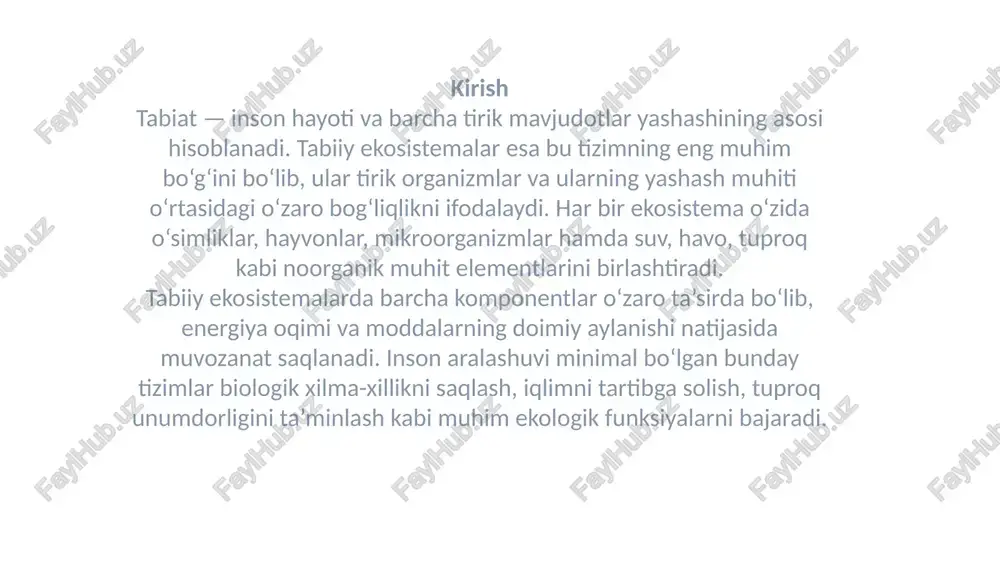 . b. abiotik (no­tirik) komponentlar quyosh nuri, issiqlik, harorat havo (kislorod, karbon dioksid) suv tuproq yoki substrat minerallar (azot, fosfor, kaliy va hokazo) geologik shakllar, o‘rmon to‘siqlari, tog‘lar, shakllarni belgilovchi fizik sharoitlar murakkablik: bu komponentlar faqat alohida emas, balki bir-biri bilan uzviy bog‘liq. masalan, tuproq tarkibi o‘simlik turlari tarkibiga, o‘simliklar esa tuproqni oziqlantirishga ta’sir qiladi. produserlar (o‘simliklar) quyosh nurini oladi, iste’molchilar (hayvonlar) va ajraluvchilar (mikroorganizmlar) bilan o‘zaro bog‘langan. energiya oqimi va moddalar aylanishi energiya oqimi asosiy energiya manbai — quyosh. produserlar fotosintez orqali energiyani organik moddaga aylantiradi. har trofik bosqichda energiyaning katta qismi (taxminan 90 %) issiqlik sifatida yo‘qoladi, faqat qismi yuqori trofik darajaga o‘tadi. moddalar aylanishi (biogeokimyoviy aylanish) suv aylanishi karbon aylanishi: fotosintez, nafas olish, parchalanish azot aylanishi: azot fiksatsiyasi, ammiaklash, nitrifikatsiya, denitrifikatsiya fosfor, kaliy va boshqa minerallar aylanishi bu aylanishlar ekosistemaning o‘z-o‘zini to‘ldirishi uchun muhim. quyosh → produser → iste’molchilar → ajraluvchilar, va qayta modda aylanishi tabiiy ekosistema …