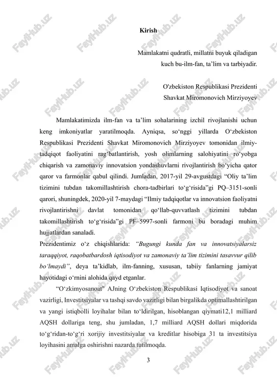 ligi bilan birgalikda optimallashtirilgan va yangi istiqbolli loyihalar bilan to‘ldirilgan, hisoblangan qiymati12,1 milliard aqsh dollariga teng, shu jumladan, 1,7 milliard aqsh dollari miqdorida to‘g‘ridan-to‘g‘ri xorijiy investitsiyalar va kreditlar hisobiga 31 ta investitsiya loyihasini amalga oshirishni nazarda tutilmoqda. azotli, fosforli, kaliyli va murakkab mineral o‘g‘itlarni, shu jumladan, ushbu mahsulotlarni “navoiyazot” aj, “samarqandkimyo” aj, “farg‘onaazot” aj, “qo‘qon superfosfat zavodi” aj, “ammofos-maksam” aj, “dehqonobod kaliy zavodi” mchj negizida, shuningdek, sirdaryo viloyatining yangiyer shahri va navoiy viloyatining tomdi tumanida ishlab chiqarish bo‘yicha amaldagi quvvatlarni modernizatsiya qilish, kengaytirish hamda energiya jihatidan samarador yangi quvvatlarni barpo etish yo‘lga qo‘yilmoqda. kurs ishining dolzarbligi: suyuqliklarning to‘yingan bug‘ bosimi bu fizikaviy kimyoning muhim bo‘limlaridan biri bo‘lib, u moddalar holatining o‘zgarishi, bug‘lanish va kondensatsiya jarayonlarini chuqur tushunishga xizmat qiladi. ushbu hodisa ko‘plab sanoat jarayonlarida, jumladan, kimyo, neft-gaz, oziq-ovqat, farmatsevtika va sovutish texnologiyalarida keng qo‘llaniladi. harorat va bosim orasidagi o‘zaro bog‘liqlikni bilish, fazalararo muvozanatni nazorat qilish hamda texnologik tizimlarning xavfsiz ishlashini …