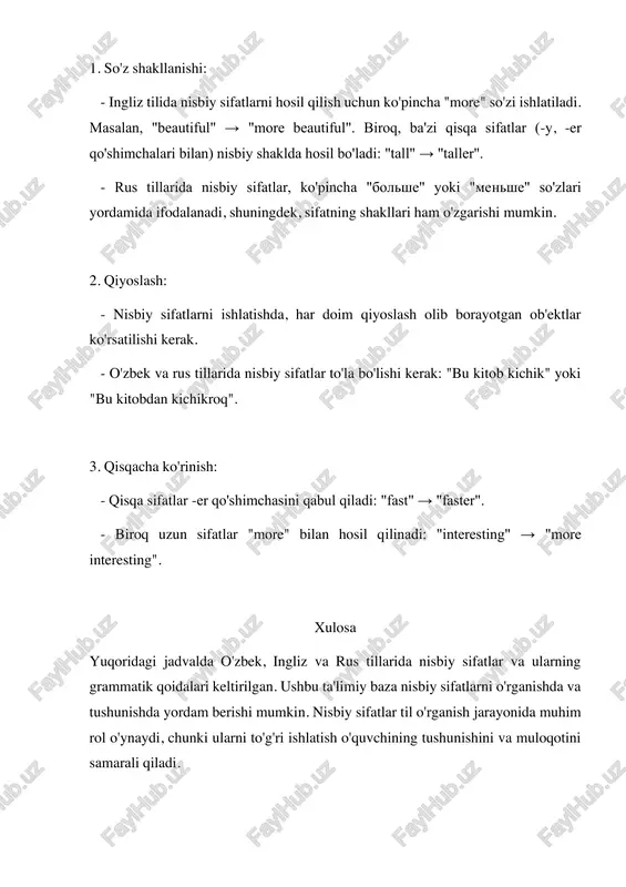 rus tillarida nisbiy sifatlar va ularning grammatik qoidalari keltirilgan. ushbu ta'limiy baza nisbiy sifatlarni o'rganishda va tushunishda yordam berishi mumkin. nisbiy sifatlar til o'rganish jarayonida muhim rol o'ynaydi, chunki ularni to'g'ri ishlatish o'quvchining tushunishini va muloqotini samarali qiladi.