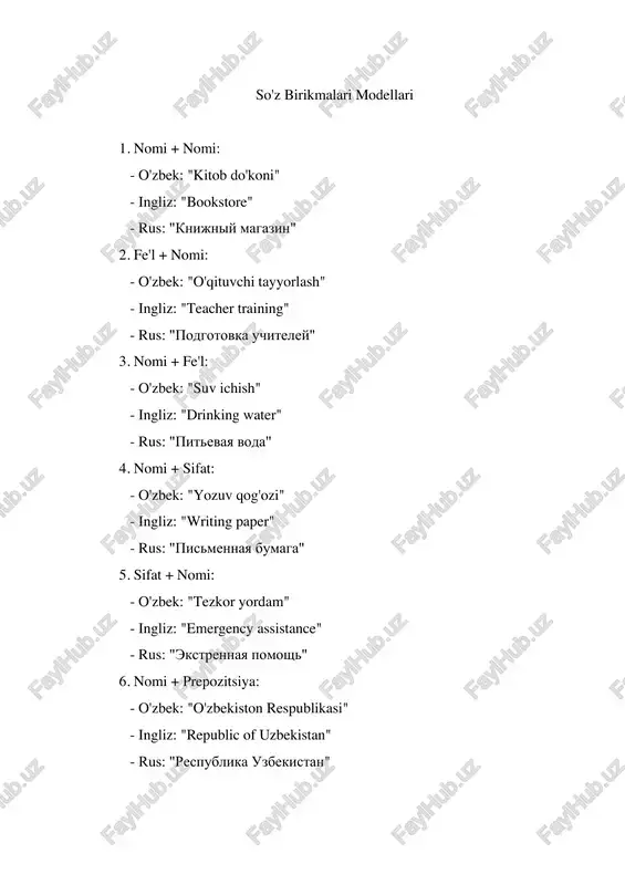 cy assistance" - rus: "ekstrennaya pomosh" 6. nomi + prepozitsiya: - o'zbek: "o'zbekiston respublikasi" - ingliz: "republic of uzbekistan" - rus: "respublika uzbekistan"