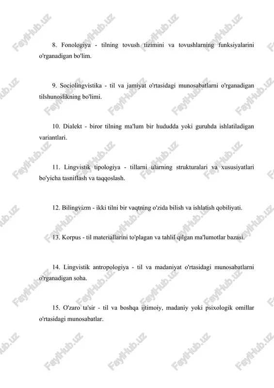 - tilning muloqotda qanday vazifalarni bajarishini belgilovchi jihatlar (masalan, kommunikativ, ekspressiv, kognitiv). m avzu: tilshunoslik term in lari bazasini shakllantirish tilshunoslik sohasida terminlar bazasini shakllantirish, til va uning strukturalari, funksiyalari, rivojlanishi va boshqa jihatlari haqida aniq va tushuna rli ma'lumot berish uchun muhimdir. quyida tilshunoslikka oid ba'zi asosiy terminlar va ularning ta'riflari keltirilgan: 1. til - insonlar o'rtasida axborot almashish va muloqot qilish uchun ishlatiladigan belgilar va simvollar tizimi. 2. fonema - tilning eng kichik ma'noli birligi, tovushlar orasidagi farqni belgilaydi. 3. morfema - tilning eng kichik ma'noli birligi, so'zning ma'nosini o'zgartirishi yoki yangi so'z hosil qilishi mumkin. 4. sintaksis - so'zlar va iboralar o'rtasidagi munosabatlarni o'rganadigan tilshunoslikning bo'limi. 5. semantika - tilning ma'nosi va ma'nolarni o'rganadigan bo'limi. 6. pragmatika - tilning kontekstda qanday ishlatilishini va muloqot jarayonida ma'noni qanday anglashni o'rganadigan bo'lim. 7. leks ikologiya - so'zlar va ularning ma'nolari, tuzilishi va o'zgarishlarini o'rganadigan tilshunoslikning bo'limi. /docprops/thumbnail.emf m avzu: …