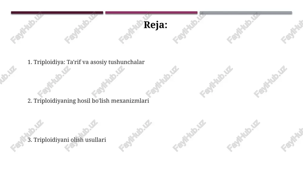 ib keladi, keyin u 1n sperma bilan urug'lantiriladi. issiqlik zarbasi ham triploidiya hosil qilish uchun ishlatilishi mumkin, odatda urug'langan tuxumlar embrionning dastlabki rivojlanish bosqichlarida 40°c dan yuqori haroratga duchor bo'ladi, bu esa xromosomlarning ajralishiga xalaqit beradi. e'tiboringiz uchun rahmat image1.png