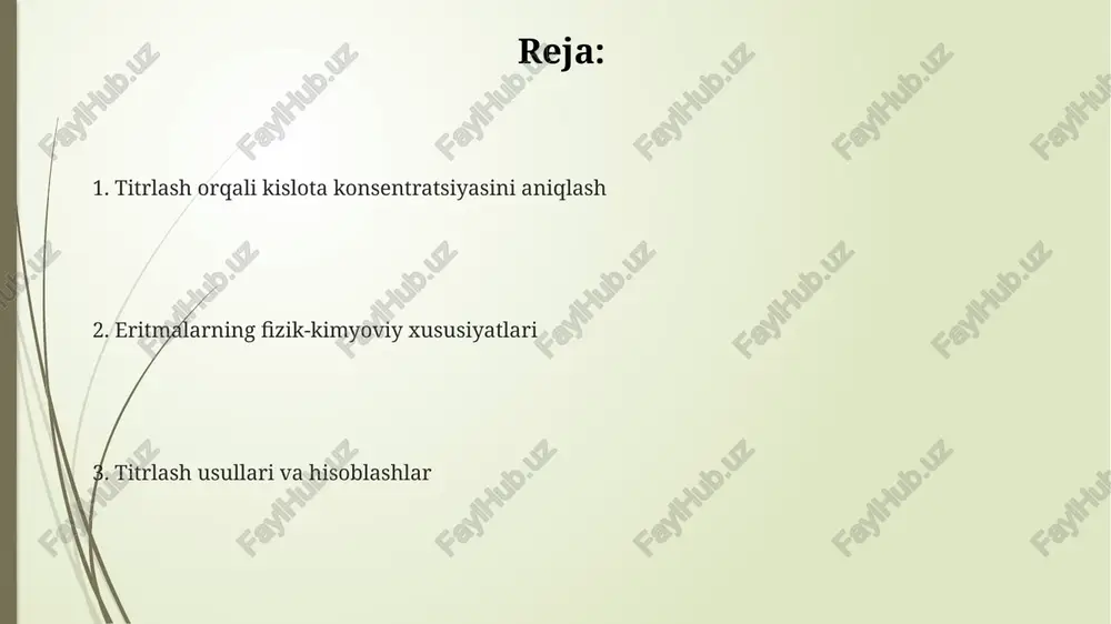 lari ekvivalent nuqtani aniqlashni o'z ichiga oladi, bu erda titrantning moli analitning moliga teng. keyin, analitning konsentratsiyasini aniqlash uchun, c1v1 = c2v2 formulasi ishlatiladi. e'tiboringiz uchun rahmat image1.png