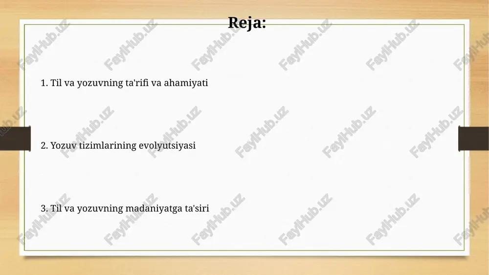 iya piktografiya, eramizdan avvalgi 3000-yillarda paydo boʻlgan boʻlib, ob'ektlarni sodda rasmlar orqali ifodalash usuli boʻlgan va u ilk yozuv tizimlaridan biri hisoblanadi. ideografiya, piktografiyadan keyin rivojlangan bo'lib, tushuncha yoki g'oyalarni ifodalash uchun belgilar va simvollardan foydalanadi, masalan, xitoy ierogliflarining ba'zi elementlari. yozuvning evolyutsiyasi yozuvning evolyutsiyasi eramizdan avvalgi 3200-yillarda mesopotamiyada mixxat yozuvining paydo bo'lishi bilan boshlandi, bu esa ramziy tasvirlardan abstrakt shakllarga o'tishni ko'rsatadi. misr ierogliflari eramizdan avvalgi 3100-yillarda rivojlanib, rasmlar, tovushlar va g'oyalarni birlashtirgan murakkab yozuv tizimini yaratdi hamda diniy va davlat matnlarida qo'llanilgan. til va yozuvning o'zaro aloqasi til va yozuv o'rtasida murakkab aloqa mavjud: og'zaki til yozuv uchun asos bo'lib xizmat qiladi, 26 harfdan iborat alifbo orqali tovushlarni ifodalash imkonini beradi. yozuv tilning saqlanishini ta'minlaydi, uni vaqt va makonda tarqatadi. xiii asrda yozilgan matnlar bizga o'sha davr tili haqida ma'lumot beradi. yozuvning madaniy ahamiyati yozuv, avlodlar o‘rtasida ma’lumot almashishning asosi bo‘lib, 100 yillikdan ortiq vaqt davomida madaniy merosning …
