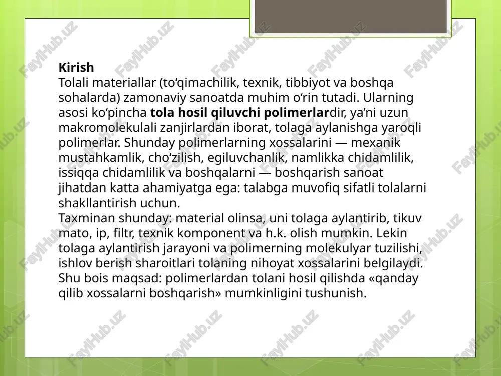 orqali. tolalar chiqarilgach, cho‘zish (drawing), sovitish, oriyentatsiya va kristallanish jarayonlari ustida ishlanadi. 2.3 polimerning tolaga mosligi va xususiyatlari tola hosil qiluvchi polimerlar uchun bir qator talablar mavjud: molekulyar massasi yuqori bo‘lishi, zanjir uzunligi yetarli bo‘lishi (masalan ≥ 1000 monomer birliklari) — shu orqali yaxshi mexanik xossalar paydo bo‘ladi. zanjir tuzilishi chiziqli bo‘lishi; tarmoqlanish kam bo‘lishi, chunki tarmoqlanish tolaga aylanishni, molekulalarning yo‘nalishi (orientation) va kristallanishni qiyinlashtiradi. zanjirlar yo‘nalishi (orientation) va kristallanish darajasi tolada kuch va egiluvchanlikni oshiradi. kimyoviy tuzilishi — polimer zanjirida polar polar guruhlar bo‘lishi yoki silliq bo‘lishi tolaning namlikni yutish, bo‘yoqni yutish, kimyoviy chidamlilik va issiqqa chidamlilik jihatidan muhim. shu bilan birga, polimer tolaga aylanish jarayonida yaxshi cho‘zilishi, qayta yo‘nalishi, yaxshi sovuqlik, tez qotish (agar eritma usuli) va boshqa jarayon sharoitlari talab qilinadi. tola hosil qiluvchi polimerlarning asosiy xossalari va ularga ta’sir etuvchi omillar 3.1 asosiy xossalar tolalar uchun muhim xossalar quyidagilar: cho‘zilish kuchi / tenacity (tolani uzatganda qanchalik …