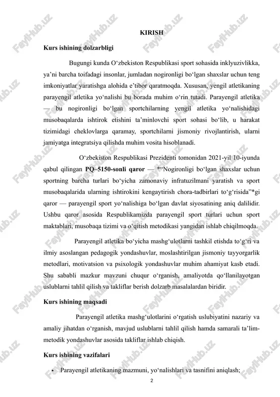 yorgarlik metodlari, motivatsion va psixologik yondashuvlar muhim ahamiyat kasb etadi. shu sababli mazkur mavzuni chuqur o‘rganish, amaliyotda qo‘llanilayotgan uslublarni tahlil qilish va takliflar berish dolzarb masalalardan biridir. kurs ishining maqsadi parayengil atletika mashg‘ulotlarini o‘rgatish uslubiyatini nazariy va amaliy jihatdan o‘rganish, mavjud uslublarni tahlil qilish hamda samarali ta’lim-metodik yondashuvlar asosida takliflar ishlab chiqish. kurs ishining vazifalari · parayengil atletikaning mazmuni, yo‘nalishlari va tasnifini aniqlash; · o‘zbekiston va jahon tajribasida parayengil atletika rivojlanishiga oid tahlil o‘tkazish; · parayengil mashg‘ulotlar uchun mos pedagogik yondashuvlarni o‘rganish; · nogironligi bo‘lgan sportchilar uchun dars metodikasini ishlab chiqish bo‘yicha takliflar berish. kurs ishining obyekti yengil atletika fanining parayengil atletika yo‘nalishida olib boriladigan mashg‘ulotlar. kurs ishining predmeti parayengil atletika mashg‘ulotlarini o‘rgatish jarayonidagi uslubiy, pedagogik va psixologik yondashuvlar tizimi. shuningdek, prezidentimizning 2022-yil 1-dekabrdagi “nogironligi bo‘lgan shaxslarning huquqlarini ta’minlash va ularni qo‘llab-quvvatlash tizimini tubdan takomillashtirish to‘g‘risida”gi pf–261-son farmoni ham ushbu sohaga davlat siyosati darajasida yondashilayotganini ko‘rsatadi. bu esa parayengil sport …