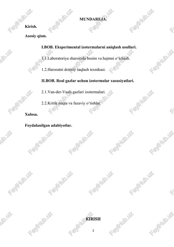 . eksperimental izotermalarni aniqlash usullari. 1.1.laboratoriya sharoitida bosim va hajmni o‘lchash. biz ideal gaz molekulyar-kinetik nazariyasini o`rganganimizda gaz zarralarini (molekulalarini) elastik sharlarga o`xshagan va tartibsiz harakatlanuvchi molekulalardan iborat deb hisoblagan edik. molekulalar orasidagi kuchlar faqat ular bir-biriga urilgandagina ta`sir qiladi va bu kuchlar itarishish elastik kuchlardir. molekulalarning o`lchamlari molekulalar orasidagi o`rtacha masofaga nisbatan nazarga olmasa bo`ladigan darajada kichik deb hisoblanadi. bu model ideal gaz boyl mariott, gey-lyussak qonunlariga aniq bo`yso`nadigan gazga mos keladi. ammo, biz aytib o`tganimizdek real gazlar bu qonunlarga faqat taqriban bo`yso`nadi. yuqori bosimlarda hamma gazlar ham boyl-mariott qonuniga bo`yso`nmay qo`yadi. molekulalarni sharlar deb hisoblar ekanmiz, ularning radiuslari 10-8 sm chamasidagi kattaliklar deb olishimiz kerak. bunda bir dona molekulaning hajmi: normal sharoitdagi 1 cm3 gazda n0=31019 dona molekula bor. demak 1 sm3 hajmda bo`lgan barcha molekulalarning jami hajmi ga teng. ya`ni bosim va 0os temperaturadasi gaz molekulalarining hajmi gaz hajmining taxminan o`n mingdan bir qisminigina egallar ekan. agar …