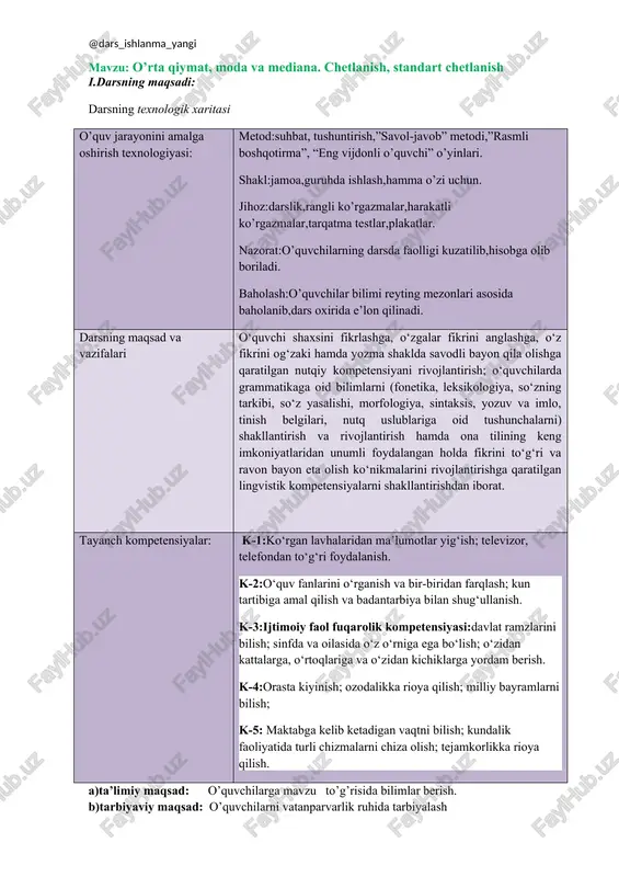 bilish; kundalik faoliyatida turli chizmalarni chiza olish; tejamkorlikka rioya qilish. a)ta’limiy maqsad: o’quvchilarga mavzu to’g’risida bilimlar berish. b)tarbiyaviy maqsad: o’quvchilarni vatanparvarlik ruhida tarbiyalash c)rivojlantiruvchi maqsad: o`quvchilarning darslik va qo`shimcha adabiyotlar ustida mustaqil ishlash ko`nikmalarini rivojlantirish. d) shakllantiriladigan tayanch va fanga oid kompetensiyalar: tk-1, tk-2, tk-3, tk-4, tk-5, tk-6, xk-1, xk-3 ii.darsning turi: amaliy, nazariy, aralash, noan`aviy, ananaviy. iii.darsning usuli: . aqliy hujum, savol-javob, guruhlarda ishlash. iv.darsning jihozi: darslik ,ko’rgazmali qurollar. v.didaktik jihoz: tarqatma materiallar, slaydlar ,bukletlar. vi.texnik jihoz: kadoskop,kampyuter, diaproyektor ekran. vii.darsuchun talab etiladigan vaqt: 45 minut: darsning texnik chizmasi: dars bosqichlari vaqt tashkiliy qism. yangi mavzuni boshlashga hozirlik yangi mavzuni yoritish guruhlarda ishlash. yangi mavzuni tahlil qilish darsni yakunlash uyga beriladigan topshiriqlar darsning borishi darsning tashkiliy qismi: · o’quvchilar bilan salomlashish; · o’quvchilar davomatini aniqlash; · sinfni darsga tayyorgarligini tekshirish darsning maqsadi: ta’limiy – o’quvchilarga yangi mavzu yuzasidan bilim berish. tarbiyaviy – nutq rang-barangligi va go’zalligiga erishishga tarbiyalash rivojlantiruvchi …