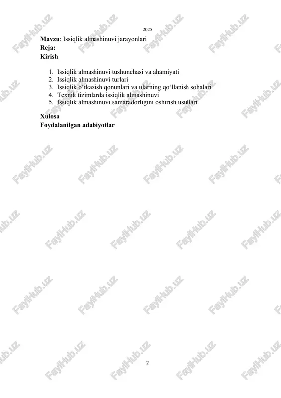 ardan tortib, insoniyatning texnologik yutuqlarigacha keng qamrovli ahamiyatga ega. quyida bu mavzuni batafsil ko'rib chiqamiz: avval tushunchaning ta'rifi va mexanizmlari, keyin uning nazariy va amaliy ahamiyati, shuningdek, real hayotdagi misollar va ilmiy asoslari haqida. issiqlik almashinuvi deganda, issiqlik (q) energiyasining harorat gradienti (δt) tufayli yuqori haroratli joydan past haroratli joyga o'tishini tushunamiz. bu jarayon har doim issiqlikning "issiqlikdan sovuqqa" o'tish tamoyiliga asoslanadi, ya'ni ikkinchi termodinamika qonuni (entropiya o'sishi) bilan bog'liq. issiqlik o'tishi uchta asosiy mexanizm orqali sodir bo'ladi, ammo ularning har biri alohida yoki kombinatsiyada ishlaydi: 1. o'tkazuvchanlik (conduction): bu issiqlikning qattiq jismlar ichida molekula va atomlarning tebranishi yoki zarbasi orqali tarqalishidir. masalan, metall tayoqning bir uchini qizdirganda, issiqlik tebranishlar zanjiri orqali ikkinchi uchiga o'tadi. bu jarayon fourier qonuni bilan tavsiflanadi: q = -λ (dt/dx), bu yerda λ – issiqlik o'tkazuvchanlik koeffitsienti (masalan, mis uchun 400 vt/(m·k)), dt/dx – harorat gradienti. o'tkazuvchanlik vakuumda ham sodir bo'ladi, chunki u modda ichidagi …