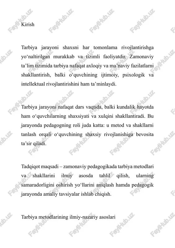 adi, balki o‘quvchining tafakkurini rivojlantiradi va mustaqil fikrlashga undaydi. 3. mashq metodi • takrorlash va amaliy mashqlar orqali xulq-atvorni mustahkamlashga yordam beradi. • misol: haftalik topshiriqlar, laboratoriya ishlari yoki jamoaviy loyihalar orqali o‘quvchida mas’uliyat hissini shakllantirish. • tahlil: mashq metodining samaradorligi o‘quvchining faol ishtirokiga bog‘liq. 4. rag‘batlantirish va jazo • maqsad: ijobiy xulqni rag‘batlantirish va noto‘g‘ri xulqni to‘g‘rilash. • misol: yaxshi xulq uchun maqtov, noto‘g‘ri xulq uchun konstruktiv tanbeh. • tahlil: rag‘bat va jazoni uyg‘un qo‘llash o‘quvchida mas’uliyat va intizomni mustahkamlaydi. 5. o‘z-o‘zini tarbiyalash • maqsad: o‘quvchining mustaqil fikrlash va qaror qabul qilish qobiliyatini rivojlantirish. • misol: o‘quvchi haftalik ish rejalarini tayyorlaydi va ularni baholaydi. • tahlil: bu metod shaxsiy javobgarlikni oshiradi va o‘quvchida ichki motivatsiyani shakllantiradi. zamonaviy pedagogikada qo‘llanilayotgan tarbiya metodlari zamonaviy pedagogikada quyidagi metodlar keng qo‘llaniladi va ular o‘quvchining turli jihatlarini rivojlantirishga xizmat qiladi. 1. ishontirish • o‘quvchilarda axloqiy qadriyatlarni shakllantirish. • misol: darsdan keyin guruh muhokamasi, individual …