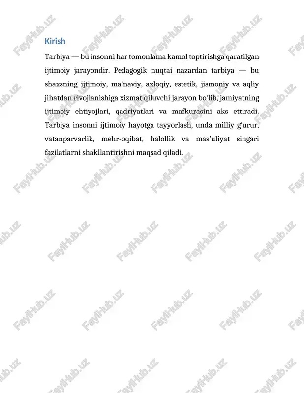 o‘naltiruvchi roli); ichki faollik (tarbiyalanuvchining o‘zini-o‘zi anglash, o‘z ustida ishlash). tarbiyaning pedagogik asoslari tarbiya pedagogikaning asosiy kategoriyalaridan biridir. u quyidagi tamoyillarga tayanadi: insonparvarlik – har bir bola shaxs sifatida qadrlanadi; tizimlilik va izchillik – tarbiya uzluksiz, bosqichma-bosqich amalga oshiriladi; faollik va ongli ishtirok – tarbiyalanuvchi tarbiya jarayonining faol sub’ekti bo‘lishi kerak; milliy va umuminsoniy qadriyatlarga tayanish – xalq an’analari va zamonaviy talablarga uyg‘unlikda olib boriladi. pedagogik asosning mohiyati shundan iboratki, tarbiya faqat nazariy tushuncha emas, balki amaliy faoliyatdir. u o‘qituvchi va tarbiyalanuvchi o‘rtasidagi doimiy hamkorlikni talab etadi. pedagogik jarayon — bu ta’lim va tarbiyaning o‘zaro uzviy bog‘langan tizimidir. tarbiyasiz ta’lim o‘z mohiyatini yo‘qotadi, chunki bilim faqat tarbiya orqali shaxsiy qadriyatga aylanadi. shaxsning shakllanishida tarbiya uning axloqiy, estetik, huquqiy, mehnat va jismoniy jihatdan yetuk bo‘lishiga asos yaratadi. tarbiyaning mohiyati — insonni ma’naviy barkamol shaxs sifatida kamol toptirishdir. tarbiya jarayoni o‘zining ichki qonuniyatlari va tamoyillariga ega. asosiy tamoyillar quyidagilardan iborat: maqsadlilik, tizimlilik, …