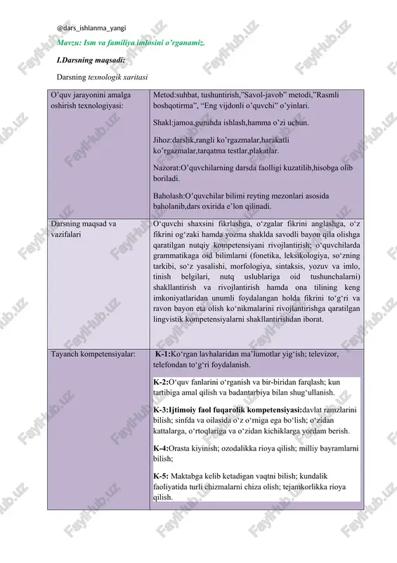da turli chizmalarni chiza olish; tejamkorlikka rioya qilish. a)ta’limiy maqsad: o’quvchilarga mavzu to’g’risida bilimlar berish. b)tarbiyaviy maqsad: o’quvchilarni vatanparvarlik ruhida tarbiyalash c)rivojlantiruvchi maqsad: o`quvchilarning darslik va qo`shimcha adabiyotlar ustida mustaqil ishlash ko`nikmalarini rivojlantirish. d) shakllantiriladigan tayanch va fanga oid kompetensiyalar: tk-1, tk-2, tk-3, tk-4, tk-5, tk-6, xk-1, xk-3 ii.darsning turi: amaliy, nazariy, aralash, noan`aviy, ananaviy. iii.darsning usuli: . aqliy hujum, savol-javob, guruhlarda ishlash. iv.darsning jihozi: darslik ,ko’rgazmali qurollar. v.didaktik jihoz: tarqatma materiallar, slaydlar ,bukletlar. vi.texnik jihoz: kadoskop,kampyuter, diaproyektor ekran. vii.darsuchun talab etiladigan vaqt: 45 minut: darsning texnik chizmasi: dars bosqichlari vaqt tashkiliy qism. yangi mavzuni boshlashga hozirlik yangi mavzuni yoritish guruhlarda ishlash. yangi mavzuni tahlil qilish darsni yakunlash uyga beriladigan topshiriqlar darsning borishi darsning tashkiliy qismi: · o’quvchilar bilan salomlashish; · o’quvchilar davomatini aniqlash; · sinfni darsga tayyorgarligini tekshirish darsning maqsadi: ta’limiy – o’quvchilarga yangi mavzu yuzasidan bilim berish. tarbiyaviy – nutq rang-barangligi va go’zalligiga erishishga tarbiyalash rivojlantiruvchi – o’zbek …
