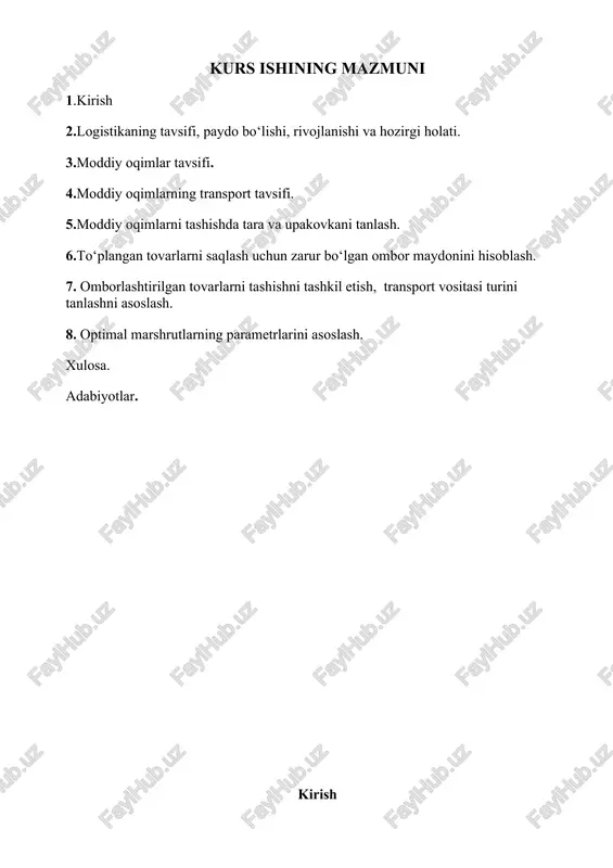 lari faoliyat ko‘rsatayotganiga oid misollar yo‘q. buning sabablaridan biri o‘zbekistonda savdo va transport logistikasini rivojlantirish strategiyasining mavjud emasligidir. t/r yuk jo‘natish omborlari moddiy oqimlar tarkibi yukning sinfi yuk tashish hajmi, t. 1 1-omborxona armatura 3 30 mixlar 1 30 metall vannalar 1 25 2 2-omborxona plastmassa 2 24 oyna 1 25 parket 1 35 3 3-omborxona sabzavotlar 2 12 konserva 2 12 go’sht 3 18 o‘zbekiston hukumati respublika hududidan o‘tuvchi xalqaro yo‘laklarni rivojlantirish, transport yo‘nalishlarini yangilash, shuningdek, o‘zbekistonning transport infratuzilmasini takomillashtirishga katta ahamiyat bermoqda. xalqaro yuk tashish hajmini oshirish, respublika hududi orqali tranzit yuk tashishni jalb qilish masalalarini kompleks hal etish uchun bugungi kunda transport-logistika kompaniyalari tomonidan ko‘rsatilayotgan xizmatlar sifatini oshirish bo‘yicha faol ishlarni boshlash zarur. respublikaning. shu munosabat bilan o‘zbekiston korxonalarida xalqaro standartlarga javob beradigan sifat menejmenti tizimlarini joriy etish respublika iqtisodiyotini rivojlantirishning ustuvor yo‘nalishlaridan biri bo‘ldi. hozirgi vaqtda iso 9001:2008 sertifikatiga ega boʻlmagan milliy transport-logistika kompaniyalari transport-logistika xizmatlarini …