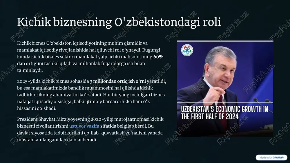 i orqali raqobatchilar, maqsadli auditoriya va bozor imkoniyatlarini tahlil qiling. batafsil biznes-reja tuzish moliyaviy rejalashtirish, marketing strategiyasi va rivojlanish yo'l xaritasini aniqlashtiradi. yangi ochilgan kichik do'kon faoliyati har bir muvaffaqiyatli biznes mijozlarga xizmat ko'rsatish va sifatli mahsulot taklif qilishdan boshlanadi. zamonaviy do'konlar nafaqat savdo nuqtasi, balki mijozlar bilan uzoq muddatli munosabatlar qurilgan joy hisoblanadi. kichik biznes boshqaruvida innovatsion yondashuvlar raqamli texnologiyalar ishlab chiqarish samaradorligini oshirish uchun zamonaviy raqamli texnologiyalarni joriy etish zarur. crm tizimlar, buxgalteriya dasturlari va ombor boshqaruvi tizimlari biznes jarayonlarini avtomatlashtiradi va xatolarni kamaytiradi. kuchkarov (2024) tadqiqotiga ko'ra, raqamli texnologiyalarni qo'llagan korxonalar samaradorlikni 40% gacha oshirgan. onlayn marketing ijtimoiy tarmoqlar va onlayn marketing kichik biznes uchun kuchli vosita hisoblanadi. instagram, facebook va telegram orqali keng auditoriyaga erishish, mahsulotlarni targ'ib qilish va mijozlar bilan bevosita muloqot qilish mumkin. onlayn marketing arzon va samarali usul bo'lib, katta marketing byudjetlarsiz ham natijaga erishish imkonini beradi. innovatsion moliyalashtirish moliyaviy barqarorlikni ta'minlash uchun …