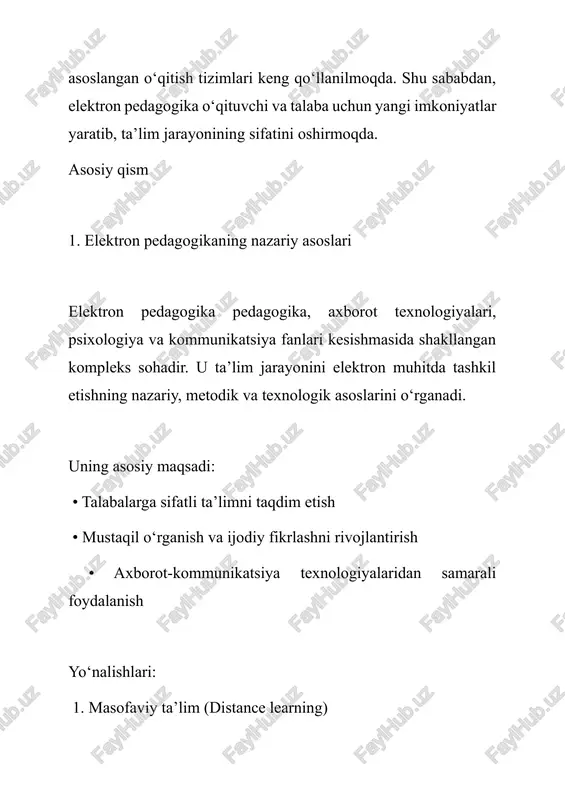 nologiyalar yordamida dars jarayonini interaktiv va qiziqarli qiladi. o‘qituvchi uchun bu darsni rejalashtirish, monitoring qilish va baholash imkonini beradi. talaba esa: • mustaqil ishlash • interaktiv topshiriqlarni bajarish • elektron resurslardan foydalanish imkoniyatiga ega bo‘ladi texnologik vositalar: • lms platformalari (moodle, google classroom) • onlayn test va baholash tizimlari • multimedia resurslar (video, audio, animatsiyalar) • sun’iy intellektli yordamchilar va chatbotlar • gamifikatsiya elementlari bu texnologiyalar pedagogik jarayonni individuallashtirish, interaktiv va samarali qilishga yordam beradi. elektron pedagogikaning metodik jihatlari metodik jihatdan elektron pedagogika: • talabalarning individual xususiyatlarini inobatga oladi • muammoli topshiriqlar va interaktiv mashqlarni qo‘llaydi • tanqidiy fikrlash va muammolarni hal qilish ko‘nikmalarini rivojlantiradi metodik afzalliklar: • o‘quvchilarni faol ishtirokchi sifatida jalb qilish • mustaqil o‘rganish va ijodiy fikrlashni rag‘batlantirish • ta’lim jarayonini shaffof va samarali qilish iroda👑, [11/10/2025 2:52 pm] o‘zbekiston ta’lim tizimida elektron pedagogika rivoji o‘zbekiston respublikasi prezidentining 2030-yilgacha mo‘ljallangan ta’lim konsepsiyasida raqamli ta’lim tizimini rivojlantirish ustuvor …