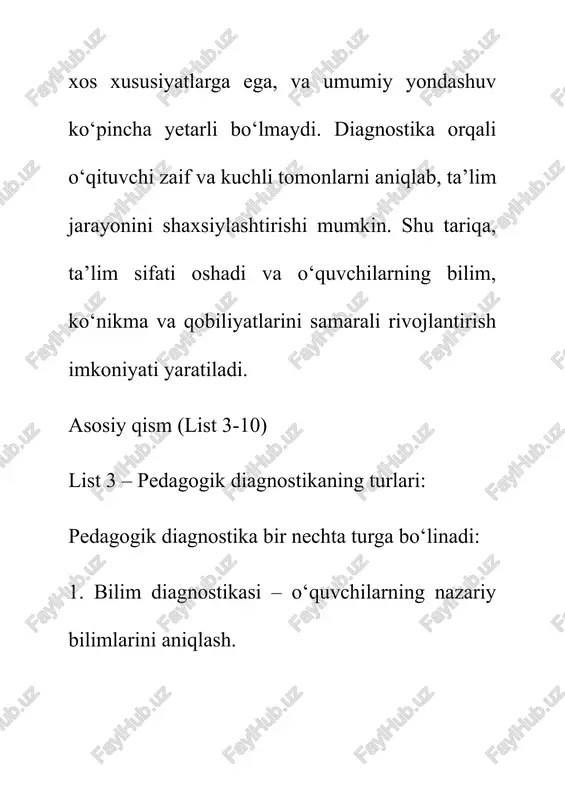arini tahlil qilish pedagogik diagnostika natijalari quyidagicha tahlil qilinadi: 1. ma’lumotlarni to‘plash – test natijalari, kuzatuv, suhbat va portfel ma’lumotlari. 2. ma’lumotlarni tahlil qilish – o‘quvchining bilim va ko‘nikmalari darajasini aniqlash. 3. xulosa chiqarish – o‘quv jarayonini samarali tashkil etish va individual yondashuvni belgilash. 4. tavsiyalar ishlab chiqish – o‘quvchilarning rivojlanishi uchun konkret tavsiyalar. 7. pedagogik diagnostikani amaliy qo‘llash misollari sinfda testlar o‘tkazish orqali bilim darajasini baholash. ijodiy loyihalar va ish portfellarini tahlil qilish orqali ko‘nikmalarni aniqlash. so‘rovnomalar orqali o‘quvchilarning qiziqish va ehtiyojlarini aniqlash. rolli o‘yinlar yordamida ijtimoiy va muammolarni hal qilish qobiliyatini baholash. 8. formativ va sumativ diagnostika 1. formativ diagnostika dars davomida o‘quvchilarning rivojlanishini kuzatish. shu jarayonda xatolar va qiyinchiliklarni aniqlash. 2. sumativ diagnostika o‘quv jarayoni yakunida natijani baholash. masalan, imtihonlar, yakuniy testlar, loyiha ishlari. 9. pedagogik diagnostikaning samarali bo‘lishi shartlari 1. diagnostika vositalari o‘quvchilarning yoshiga va imkoniyatlariga mos bo‘lishi. 2. baholash ob’ektiv va aniq mezonlarga asoslangan bo‘lishi. …