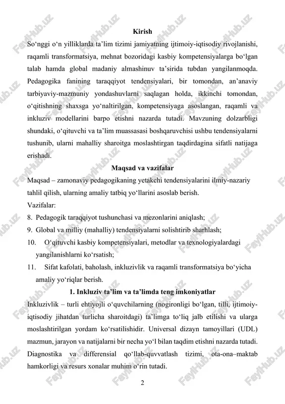 tizimi, ota-ona–maktab hamkorligi va resurs xonalar muhim o‘rin tutadi. 2. ta’lim sifatini baholash va monitoringning yangi yo‘nalishlari an’anaviy testlar bilan bir qatorda formativ baholash, elektron portfoliolar, loyihaviy baholash va rubrikalar keng qo‘llanadi. “o‘qish uchun baholash” (afl) yondashuvi teskari aloqa sifatini kuchaytirib, o‘quvchining metakognitiv ko‘nikmalarini rivojlantiradi. maktab darajasida sifat kafolati uchun ichki monitoring, tashqi audit, kuzatuv darslari va hamkasb tahlili tizimli yo‘lga qo‘yiladi. 3. o‘qituvchi roli: reflektiv amaliyot va professional o‘sish ekologiyasi zamonaviy o‘qituvchi – fasilitator, mentor va dizayner. u darsni lo (learning outcomes) asosida rejalashtiradi, faol metodlar (case, pbl, jigsaw, debat)ni uyg‘unlashtiradi, refleksiya yuritadi va amaliyotini dalillarga tayanib yaxshilaydi. professional o‘sish ekologiyasi – kurs/seminar, amaliy jamoalar (plc), ochiq darslar, mikro-tadqiqotlar (action research) va mentorlikdan iborat bo‘lib, “o‘qituvchi – tadqiqotchi” modelini mustahkamlaydi. 4. milliy kontekstda moslashtirish: o‘quv reja, metodika, hamkorlik va boshqaruv tendensiyalarni joriy etishda mahalliy o‘quv reja va dasturlarning kompetensiyaviy qayta dizayni, darsliklar va o‘quv-metodik majmualarni yangilash, mehnat bozori bilan …