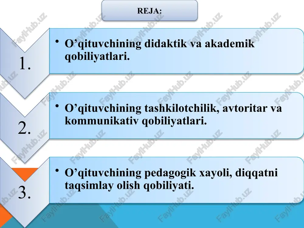 ish uchun u yuksak madaniyatli, har tomonlama mazmunli, keng erudisiyali /bilimdon/ odam bo’lmog’i lozim. bunday o’qituvchilar haqida o’quvchilar «maxmud aka xudi professorning o’ziginasiya. biz uning bilmagan birorta soxasi bormikin deb tez-tez uylab turamiz. darslarga u butun vujudi bilan kirishib ketadi» deydilar. ba’zan o’quvchilar o’z o’qituvchisi haqida «baqir-chaqir qiladi-yu, ammo zarracha bilimi yo’q» deb butunlay teskarisini aytsalar juda alam qiladi. tashkilotchilik qobiliyati – bu birinchidan, o’quvchilar jamoasini uyushtira bilish, bunday jamoani jipslashtira olish va ikkinchidan, o’zining shaxsiy ishini to’g’ri tashkil qila olish qobiliyatidir. o’quvchilar o’z o’qituvchilari haqida turlicha fikrda bo’ladilar. jumladan, ayrim o’quvchilar: «…biz azim akani juda yaxshi ko’ramiz. ular sinfimizda bir pasning ichida, juda tezlik bilan ishchanlik kayfiyatini uyushtirib, barchamizni o’zining puxtaligi, ozodaligi, epchilligi va tadbirkorligi bilan hayratda qoldiradilar» desalar, ayrim o’quvchilar: «sobir akamlar bizning ixlosimizni qaytarib, xafsalamizni bir pul qiladilar. ular ko’p ishga urinadilaru, ammo birortasini ham oxriga yetkazmaydi…» deydilar. ba’zan ayrim o’quvchilarning o’z o’qituvchisi haqida: «…nodira opalar biz …