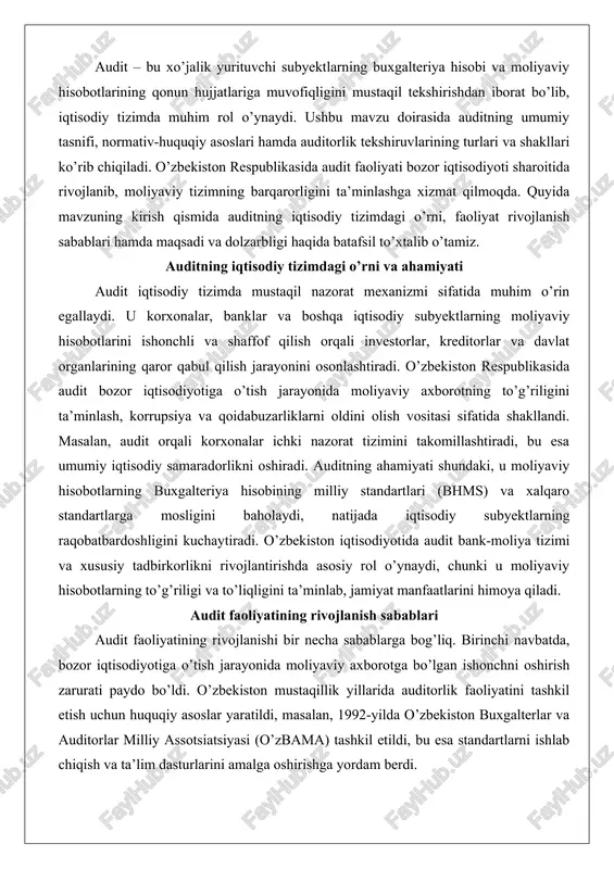 ini ta’minlab, jamiyat manfaatlarini himoya qiladi. audit faoliyatining rivojlanish sabablari audit faoliyatining rivojlanishi bir necha sabablarga bog’liq. birinchi navbatda, bozor iqtisodiyotiga o’tish jarayonida moliyaviy axborotga bo’lgan ishonchni oshirish zarurati paydo bo’ldi. o’zbekiston mustaqillik yillarida auditorlik faoliyatini tashkil etish uchun huquqiy asoslar yaratildi, masalan, 1992-yilda o’zbekiston buxgalterlar va auditorlar milliy assotsiatsiyasi (o’zbama) tashkil etildi, bu esa standartlarni ishlab chiqish va ta’lim dasturlarini amalga oshirishga yordam berdi. ikkinchi sabab – xalqaro integratsiya: o’zbekiston xalqaro audit standartlarini (masalan, ifac standartlari) qabul qilish orqali global bozorga chiqishni maqsad qildi. uchinchi sabab – iqtisodiy islohotlar: aksiyadorlik jamiyatlari, banklar va sug’urta tashkilotlarining ko’payishi majburiy auditni talab qildi. bundan tashqari, korxonalar o’rtasidagi raqobat va investorlar talabi auditni rivojlantirdi. o’zbekistonda auditorlik faoliyati 2000-yilda auditorlar palatasi tashkil etilishi bilan yanada mustahkamlandi, bu esa malaka oshirish va himoya mexanizmlarini kuchaytirdi. umuman, audit rivojlanishi iqtisodiy o’sish, qonunchilik takomillashuvi va xalqaro hamkorlikka bog’liq. auditga umumiy tasnif audit tushunchasi va uning mohiyati audit …