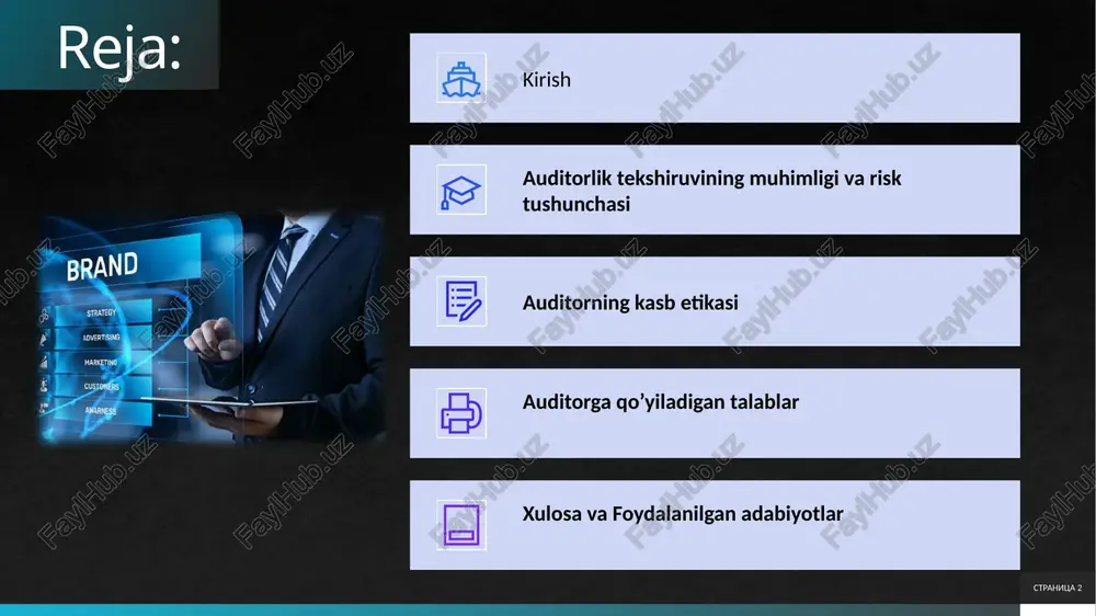 ik: auditor mijozdan moliyaviy yoki shaxsiy bog’liqlikda bo’lmasligi kerak. masalan, auditor mijozning aktsiyalariga ega bo’lmasligi lozim. - xolislik va ob’ektivlik: auditor faktlarga asoslanib, shaxsiy manfaatlardan ustun qo’yishi kerak. - professional malaka: auditor doimiy ta’lim olishi va standartlarga rioya qilishi shart (masalan, isa – international standards on auditing). mas’uliyat tamoyili: - javobgarlik: auditor noto’g’ri baho uchun huquqiy va moliyaviy mas’uliyat tortadi. o’zbekistonda auditorlar moliya vazirligi tomonidan nazorat qilinadi. - konfidensiallik: auditor mijoz ma’lumotlarini sir saqlashi kerak, lekin firibgarlik holatlarida xabardor qilishi lozim. - sifat nazorati: auditorlik firmalar ichki nazorat tizimini o’rnatishi kerak, bu xatolarni oldini oladi. stranitsa 4 perviy navik vtoroy navik tretiy navik zaklyuchenie 4 stranitsa 5 auditorlik tekshiruvining muhimligi va risk tushunchasi auditorlik tekshiruvi moliyaviy hisobotlarni mustaqil va xolis baholash jarayoni sifatida korxonalar, tashkilotlar va iqtisodiy sub’ektlar faoliyatining moliyaviy tomonini nazorat qilishda muhim o’rin tutadi. ushbu jarayon moliyaviy hisobotlarning ishonchliligi, to’g’riligi va qonun hujjatlariga muvofiqligini ta’minlashga qaratilgan. auditorlik tekshiruvining …
