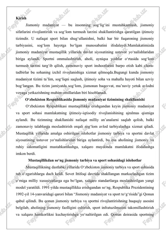 i islohotlar mustaqillikning dastlabki yillarida o‘zbekiston jismoniy tarbiya va sport sohasida tub o‘zgarishlarga duch keldi. sovet ittifoqi davrida shakllangan markazlashgan tizim o‘rniga milliy xususiyatlarga ega bo‘lgan, xalqaro standartlarga moslashtirilgan yangi model yaratildi. 1991-yilda mustaqillikka erishgandan so‘ng, respublika prezidentining 1992-yil 14-yanvaridagi qarori bilan “jismoniy madaniyat va sport to‘g‘risida”gi qonun qabul qilindi. bu qonun jismoniy tarbiya va sportni rivojlantirishning huquqiy asosini belgilab, aholining jismoniy faolligini oshirish, sport infratuzilmasini takomillashtirish va xalqaro hamkorlikni kuchaytirishga yo‘naltirilgan edi. qonun doirasida sportning ommaviy va professional yo‘nalishlari alohida ajratildi, bu esa tizimning murakkabligini ta’minladi.islohotlarning dastlabki bosqichi (1991-2000-yillar) infratuzilmani qurishga qaratildi. mustaqillikning birinchi o‘n yilligida mamlakatda 500 dan ortiq sport zallari, stadionlar va suzish havzalaridan iborat yangi obyektlar qurildi. masalan, toshkent shahridagi “bunyodkor” stadionining qurilishi nafaqat professional sport uchun, balki ommaviy jismoniy mashg‘ulotlarni tashkil etish uchun muhim ahamiyat kasb etdi. bu davrda sportni boshqarish tizimi ham o‘zgartirildi: o‘zbekiston milliy olimpiya qo‘mitasi (nom) 1992-yilda tashkil etildi va xalqaro olimpiya …