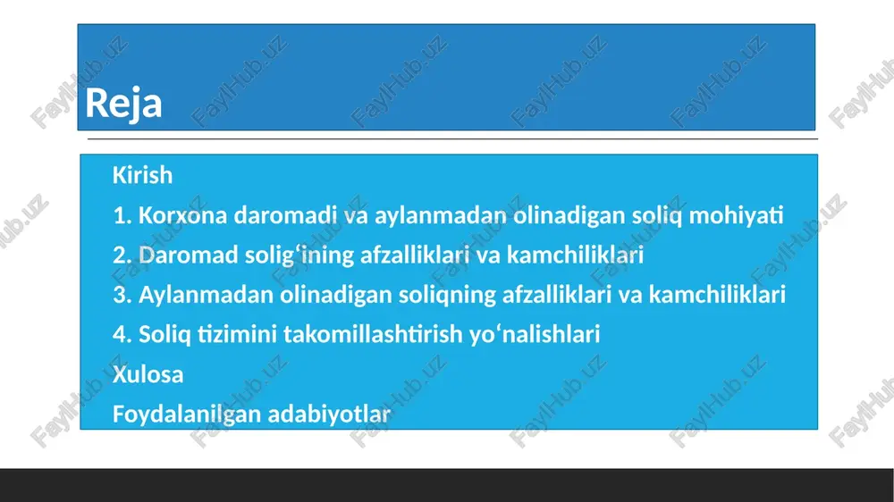 kamchiliklari aylanmadan olinadigan soliq tizimi iqtisodiy faoliyatning turli jihatlarini qamrab olgan holda, korxonalar va tadbirkorlik subyektlari uchun muayyan qoidalarni belgilaydi. ushbu soliq turi korxonaning umumiy aylanmasiga asoslangan bo‘lib, uning qo‘llanilishi soliq to‘lovchilarning faoliyatini soddalashtirishga qaratilgan. biroq, uning ijobiy va salbiy tomonlari mavjud bo‘lib, ularni quyidagi jihatlar orqali ko‘rib chiqish mumkin. 8 hisob yuritishning soddaligi va tezkorligi aylanmadan olinadigan soliq hisob yuritish jarayonini sezilarli darajada soddalashtiradi, chunki u korxonaning umumiy daromadiga asoslangan holda hisoblanadi. bu tizimda murakkab xarajatlar tahlili yoki foyda hisoblash talab etilmaydi, natijada buxgalteriya ishlari tezroq va kam xarajatlarda amalga oshiriladi. masalan, kichik savdo korxonasida har kunlik savdo hajmini hisobga olish kifoya, bu esa qo‘shimcha hujjatlar va murakkab formulalardan voz kechishga imkon beradi. 9 kichik biznes uchun qulayliklar kichik biznes subyektlari uchun aylanmadan olinadigan soliq muhim qulayliklar taqdim etadi, chunki u ularning faoliyatini soddalashtirishga va xarajatlarni kamaytirishga qaratilgan. bu tizimda soliq yukini kamaytirish mexanizmlari mavjud bo‘lib, masalan, daromadi ma’lum …