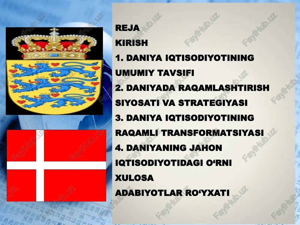 tning dominant qismi bo'lib, unda moliya, transport, turizm va axborot texnologiyalari kabi sohalarda 80 foizdan ortiq ishchi kuchi ishlaydi. sanoat tarmog'i daniya iqtisodiyotining "dvigateli" hisoblanadi va farmatsevtika, dengiz transporti va qayta tiklanadigan energiya kabi sohalarga asoslangan. iqtisodiy tizimning asosiy tarmoqlari yevropa ittifoqidagi iqtisodiy mavqe daniya yevropa ittifoqining eng barqaror va innovatsion a'zolari qatorida turadi, uning iqtisodiy mavqei eksportga qaratilgan ochiq iqtisodiyot va kuchli moliyaviy tizim bilan ajralib turadi. 2025 yilda daniya yaim o'sishi bo'yicha yevropa ittifoqida 5-o'rinni egallashi kutilmoqda, chunki uning farmatsevtika va qayta tiklanadigan energiya eksporti ittifoq ichidagi savdoni kuchaytiradi. mamlakat yevrozonaga a'zo emas, ammo daniya kruoni yevroga bog'langan bo'lib, bu inflyatsiyani past darajada ushlab turishga yordam beradi. yevropa ittifoqining 2025 yilgi prognoziga ko'ra, daniya iqtisodiyoti ittifoqning o'rtacha o'sish sur'atidan (1,8 foiz) yuqori ko'rsatkichga ega bo'ladi daniya raqamlashtirish siyosati global yetakchilardan biri bo'lib, mamlakatni "raqamli jamiyat" sifatida belgilaydi. 2025 yilda daniya raqamli infratuzilma bo'yicha yevropa ittifoqining eng yuqori ko'rsatkichlariga …