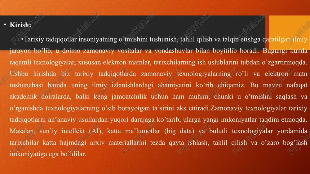 azeta arxivlari) tezda qidirish, statistik tahlil o’tkazish va naqshlarni aniqlash imkoniyatiga ega. masalan, "distant reading" usuli (franco moretti tomonidan taklif etilgan) minglab kitoblarni bir vaqtda tahlil qilishga yordam beradi. - saqlash va rekonstruksiya: qadimiy hujjatlar raqamlashtirilganda, ularning asl nusxalari himoyalanadi, ammo elektron versiyalar orqali ularni o’rganish osonlashadi. bu, xususan, noyob manbalarni (masalan, qadimiy qo’lyozmalar) yo’qotish xavfini kamaytiradi. tarixiy manbalarni raqamlashtirish elektron kutubxonalar va arxivlar manba ishonchliligini tekshirish tarixiy ma’lumotlar bazalari elektron matn tahlili metodlari elektron matnning mohiyati va turlari elektron matn zamonaviy axborot texnologiyalari asosida shakllangan raqamli shakldagi matnli material bo’lib, u an’anaviy qog’ozli hujjatlarning raqamli ko’rinishini ifodalaydi. ushbu tushuncha kompyuter tizimlarida saqlanadigan, qayta ishlanadigan va tarqatiladigan ma’lumotlarni o’z ichiga oladi. elektron matnning asosiy mohiyati shundaki, u axborotni tez va qulay tarzda saqlash, qidirish va uzatish imkonini beradi. bunda matn nafaqat oddiy belgilar to’plamidan iborat bo’lib, balki qo’shimcha metama’lumotlar, giperhavolalar va multimedia elementlari bilan boyitilishi mumkin. bu esa uni oddiy …