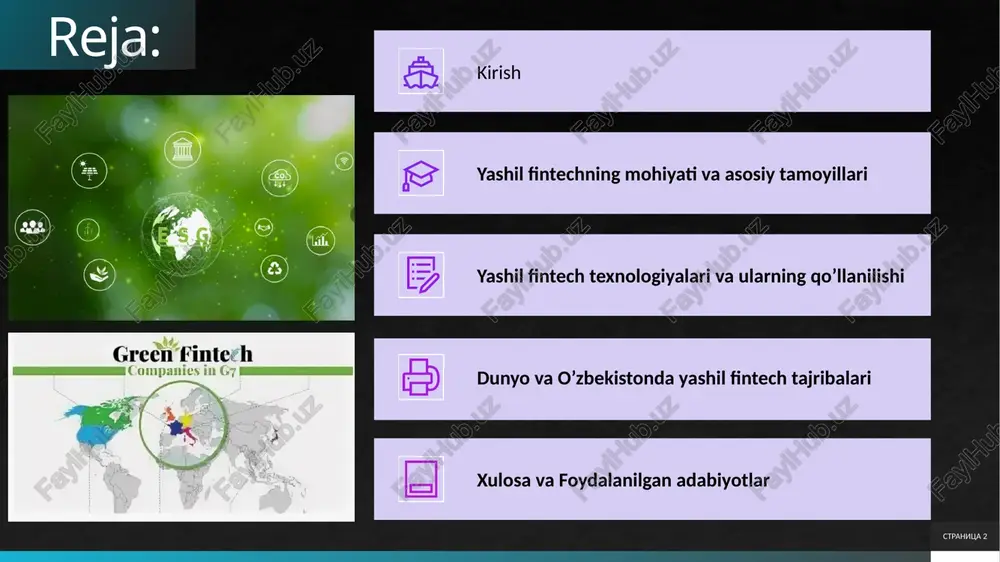 tuzilmani qurishga yo’naltirilgan bo’lsa, keyingi bosqich (fintech 2.0) moliyaviy xizmatlarni raqamlashtirishni o’z ichiga oladi. hozirgi bosqich (fintech 3.0 va undan keyingi) esa startaplar tomonidan yaratilgan disruptiv innovatsiyalarni, masalan, blokcheyn va sun’iy intellektni qo’llashni nazarda tutadi, bu esa moliyaviy tizimni butunlay o’zgartirmoqda. bugungi kunda fintech giper o’sishdan barqaror va foydali o’sish bosqichiga o’tmoqda, bu esa moliyaviy xizmatlarni yanada inklyuziv qilmoqda. afrika va rivojlanayotgan mamlakatlarda fintech makroiqtisodiy omillarga bog’liq holda rivojlanmoqda, masalan, iqtisodiy o’sish va texnologik innovatsiyalar orqali. stranitsa 5 stranitsa 6 yashil fintech tushunchasi va uning asosiy yo’nalishlari yashil fintech moliyaviy texnologiyalar yordamida ekologik maqsadlarni amalga oshirishni anglatadi. bu tushuncha moliya sohasidagi innovatsiyalarni atrof-muhitni saqlash va barqaror rivojlanishga yo’naltirish orqali shakllangan. boshqacha qilib aytganda, yashil fintech moliyaviy xizmatlarni texnologik yechimlar bilan birlashtirib, ekologik muammolarni hal etishga qaratilgan yondashuvdir. u nafaqat zararni kamaytirishga, balki atrof-muhitga ijobiy ta’sir ko’rsatishga ham e’tibor qaratadi.bu sohaning paydo bo’lishi global iqlim o’zgarishlari, tabiiy resurslarning kamayishi va ekologik …