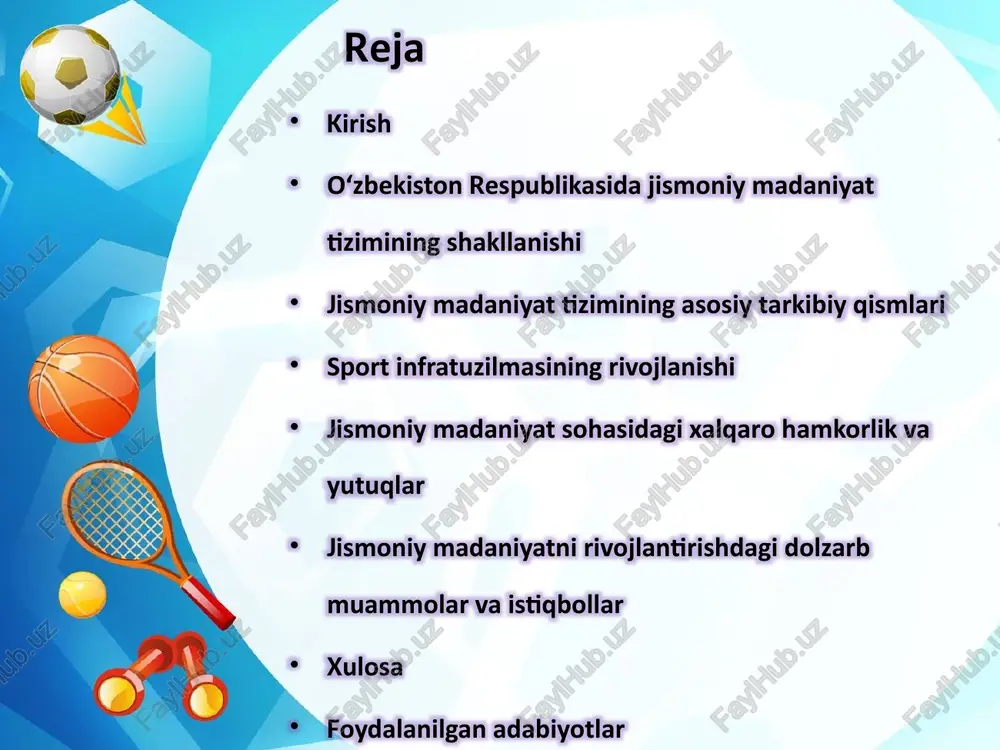 llarida amalga oshirilgan islohotlar jismoniy tarbiya va sportni davlat siyosatining ustuvor yo‘nalishlaridan biriga aylantirdi, bu esa aholining jismoniy va ruhiy salomatligini mustahkamlashga, xalqaro maydonda mamlakatni ifodalashga imkon berdi. mustaqillikdan so‘ng jismoniy tarbiya va sport sohasidagi islohotlar mustaqillikning dastlabki yillarida o‘zbekiston jismoniy tarbiya va sport sohasida tub o‘zgarishlarga duch keldi. sovet ittifoqi davrida shakllangan markazlashgan tizim o‘rniga milliy xususiyatlarga ega bo‘lgan, xalqaro standartlarga moslashtirilgan yangi model yaratildi. 1991-yilda mustaqillikka erishgandan so‘ng, respublika prezidentining 1992-yil 14-yanvaridagi qarori bilan “jismoniy madaniyat va sport to‘g‘risida”gi qonun qabul qilindi. jismoniy tarbiya vositalari texnika taraqqiyoti davrida jismoniy tarbiya va sportga katta ahamiyat qaratilmoqda. chunki, texnik taraqqiyot davrida insoniyat jismoniy mehnatdan ozod bo’lib, eng havfli «kam harakat qilish» kasalligiga uchramoqda, bu esa qon-tomir tizimining kasalligiga olib keladi. shuning uchun, oxirgi yillarda davlatimiz tomonidan chiqarilgan «jismoniy tarbiya va sport» bo’yicha qonun va «sog’lom avlod uchun» farmoni va dasturi bolalarning ma'naviy va jismoniy rivojlanishi, ularning sog’lom, mehnatsevar, baxtli bo’lishlari …