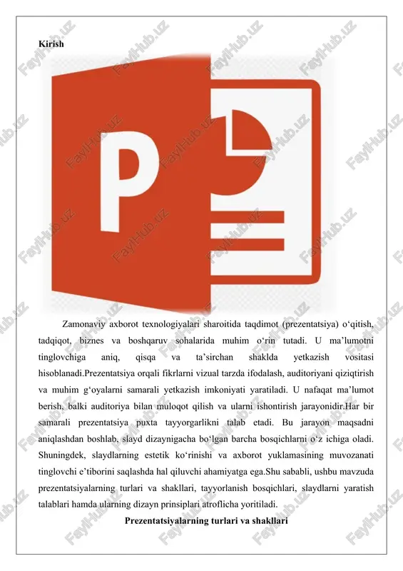 i turlash ularning maqsadiga qarab amalga oshiriladi. asosiy turlar orasida ma'lumot beruvchi, ishontiruvchi va motivatsion prezentatsiyalar ajralib turadi. har bir tur o'ziga xos xususiyatlarga ega bo'lib, auditoriyaning ehtiyojlariga moslashtiriladi. bu turlar orasidagi farqlar nafaqat mazmuniy, balki strukturaviy va emotsional jihatdan ham namoyon bo'ladi. ma'lumot beruvchi prezentatsiyalar. bu turdagi prezentatsiyalar auditoriyaga yangi bilimlar, faktlar yoki tushunchalarni yetkazishga qaratilgan. ularning asosiy vazifasi – ma'lumotni aniq, qisqa va tushunarli shaklda taqdim etish. masalan, ilmiy konferensiyalarda yangi tadqiqot natijalarini taqdim etish yoki korporativ seminarlarda kompaniya statistikasini ko'rsatish uchun ishlatiladi. ma'lumot beruvchi prezentatsiyalarning afzalligi shundaki, ular neytral pozitsiyani saqlaydi va auditoriyani o'z fikrlarini shakllantirishga undaydi, ammo bu ularni zerikarli qilishi mumkin. shu sababli, ularni samarali qilish uchun vizual elementlar – diagrammalar, grafiklarga va infografikalarga asoslanish zarur. tahlil qilganda, ma'lumot beruvchi prezentatsiyalar ko'pincha struktura bo'yicha kirish, asosiy qism va xulosadan iborat bo'ladi. kirish qismida mavzu va maqsad aniqlanadi, asosiy qismda faktlar batafsil ochib beriladi, xulosada esa …