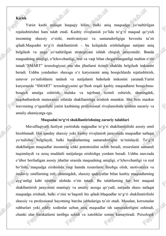 bo‘lishi, maqsadga erishishda vaqt hamda resurslarni hisobga olish, motivatsiya va irodaviy omillarning roli, shuningdek, shaxsiy qadriyatlar bilan kasbiy maqsadlarning uyg‘unligi kabi talablar alohida o‘rin tutadi. bu talablarning har biri maqsad shakllantirish jarayonini mantiqiy va amaliy asosga qo‘yadi, natijada shaxs nafaqat maqsadga erishadi, balki o‘zini to‘laqonli his qiladi.maqsadlar to‘g‘ri shakllantirilishi shaxsiy va professional hayotning barcha jabhalariga ta’sir etadi. masalan, korxonalar rahbarlari yoki oddiy xodimlar uchun aniq maqsadlar ish samaradorligini oshiradi, chunki ular harakatlarni tartibga soladi va xatoliklar sonini kamaytiradi. psixologik jihatdan, to‘g‘ri maqsadlar insonning o‘ziga ishonchini mustahkamlaydi, stressni kamaytiradi va doimiy rivojlanishga undaydi. shu sababli, maqsad shakllantirishni oddiy fikrlash emas, balki ilmiy asoslangan jarayon sifatida ko‘rib chiqish lozim. endi ushbu talablarni batafsil ko‘rib chiqamiz, har birini chuqur tahlil qilib, amaliy misollar bilan boyitib. maqsadning aniqligi, o‘lchovchanligi va real bo‘lishi maqsadning to‘g‘ri shakllanishida birinchi va eng muhim talab – uning aniqligi, o‘lchovchanligi va real bo‘lishi. bu uch jihat birgalikda smart tamoyilini tashkil …