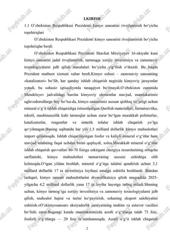 oati mahsulotlarini diversifikatsiya qilish maqsadida 2025-yilgacha 4,2 milliard dollarlik yana 17 ta loyiha hayotga tatbiq etiladi.shuning uchun, kimyo tarmog‘iga xorijiy investitsiya va zamonaviy texnologiyalarni jalb qilish, mahsulot hajmi va turini ko‘paytirish, sohaning eksport salohiyatini oshirish.«o‘zkimyosanoat» aksiyadorlik jamiyatining muhim va ustuvor vazifasi bo‘lishi zarur.bugungi kunda mamlakatimizda azotli o‘g‘itlarga talab 73 foiz, fosforli o‘g‘itlarga — 20 foiz ta’minlanmoqda. azotli o‘g‘it ishlab chiqarish quvvatlarining o‘rtacha eskirish darajasi 64 foizni, fosforli o‘g‘it bo‘yicha — 77 foizni tashkil qiladi.sohadagi vaziyatni yaxshilash maqsadida kelasi 5 yilda umumiy qiymati 2,8 milliard dollar bo‘lgan 9 ta loyihani ishga tushirish rejalashtirilgan bo‘lib, buning natijasida mineral o‘g‘it va sulfat kislotasi ishlab chiqarish hajmi 2 barobar ko‘payadi. azotli va kaliyli o‘g‘itlarga talab to‘la qoplanadi, fosforli o‘g‘itlarga talabni qondirish darajasi bir necha barobar oshiriladi.ayni paytda tabiiy gazning bor-yo‘g‘i 14 foizi, jumladan, kimyo tarmog‘ida 5 foizi chuqur qayta ishlanmoqda. kremniy, kaolin va gips xomashyosidan kimyoviy mahsulotlar ishlab chiqarish e’tibordan chetda qolmoqda.ma’lumotlarga ko‘ra, yurtimizda …