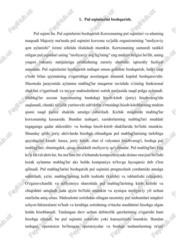 yniqsa moliyaviy yil uchun etarlicha aniq emas. mahsulotni sotishdan olingan taxminiy pul tushumlari miqdori schyot-fakturalarni to'lash va kreditga sotishning o'rtacha muddatini hisobga olgan holda hisoblanadi. tanlangan davr uchun debitorlik qarzlarining o'zgarishi ham hisobga olinadi, bu pul oqimini oshirishi yoki kamaytirishi mumkin. bundan tashqari, operatsion bo'lmagan operatsiyalar va boshqa tushumlarning ta'siri aniqlanadi. bunga parallel ravishda, pul mablag'larining chiqishi prognoz qilinadi, ya'ni. olingan tovarlar (xizmatlar) uchun hisobvaraq-fakturalarning kutilayotgan to‘lovi, asosan kreditorlik qarzlarini to‘lash. byudjetga, soliq organlariga to'lovlar, dividendlar, foizlar to'lash, korxona xodimlarining mehnatiga haq to'lash, mumkin bo'lgan investitsiyalar va boshqa xarajatlarni ta'minlaydi. natijada, pul tushumlari va chiqishi o'rtasidagi farq aniqlanadi - ortiqcha yoki minus belgisi bilan sof pul oqimi. agar chiqib ketish miqdori kattaroq bo'lsa, u holda prognoz qilingan pul oqimini ta'minlash uchun bank krediti yoki boshqa tushumlar ko'rinishidagi qisqa muddatli moliyalashtirish miqdori hisoblanadi. kutilayotgan tushum va to‘lovlar prognozi oylar yoki choraklar bo‘yicha taqsimlangan tahliliy jadvallar ko‘rinishida tuziladi. sof pul oqimlari miqdoridan …