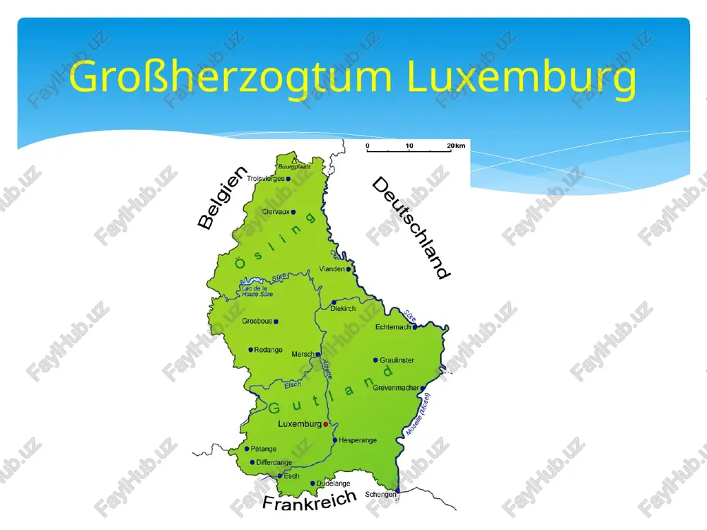 tendsten agrargebiete des landes. • das gutland im süden und in der mitte des lan - des umfasst mit der hauptstadt den restlichen teil (68%) des staatsgebietes. es ist hauptsächlich von feldern und wäldern bedeckt. hier die wichtigsten regionen: das sandsteinplateau von luxemburg ist der dominierende teil des gutlandes. es umfasst die schönsten waldgebiete luxemburgs. die mergelsenken bilden die größte und typischste landschaftsregion des gutlandes. sie breiten sich am fuß der dogger- und sandsteinhänge luxemburgs aus und bestehen aus breiten tälern. mehr als zwei drittel der fläche wird landwirt - schaftlich genutzt. - das moseltal ist aufgrund seiner größe und landschaftlichen vielfalt das imposanteste tal in luxemburg. vor allem durch den weinbau wurde es zu einem der wichtigsten touristischen anziehungspunkte des landes. - das moseltal ist aufgrund seiner größe und landschaftlichen vielfalt das imposanteste tal in luxemburg. vor allem durch den weinbau wurde es zu einem der wichtigsten touristischen anziehungspunkte …