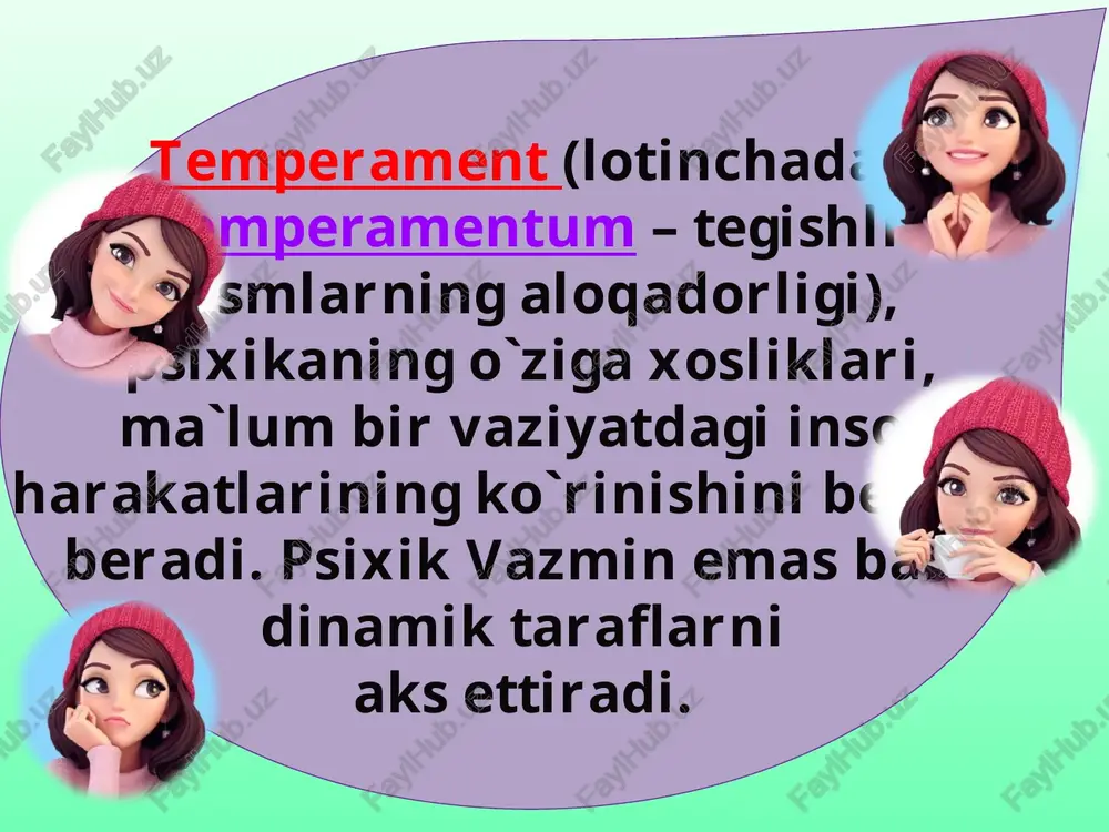 azmin kam harakat sangvinik aktiv, energiyaga boy. hayottan hursand, chaqqon, tirishqoq kuchli vazmin harakatchan xolerik his hayajonga beriluvchan, jizzaki, beqaror, emotsional, faol, ishchan faol to`xtovsiz reaksiyali harakatchan melanxolik g`amgin, jur`atsiz, ma`yus zaif, sust, tushkun kayfiyatli temperament turlari flegmatik melanxolik sangvinik xolerik instruksiya : keyingi karikaturadagi rasmdan birini tanlang. bunday vaziyatda o`zingiz qanday yo`l tutgan bo`lar edingiz? sizning temperamentingizni aniqlaydigan kichik bir test o`tkazamiz: 1 2 3 4 interpretatsiya: xolerik melanxolik sangvinik flegmatik optimist, hushchaqchaq, yumorist, chaqqon, tirishqoq, mehribon, faol, ta`sirchan juda ham ko`p va`da beradi, ammo har doim ham va`dalarini ustidan chiqmaydi, shirinsuxan, gapdon notanish insonlar bilan oson va tez muloqotga kiradi har qanday vaziyatda yordamga kelishga harakat qiladi,mehribonligi bilan boshqa temperamentlardan ajralib turadi aqliy va jismoniy zo`riqishda tez charchaydi bilimlarni tez va oson o`zlashtirsa ham, hamma vaqt ham puxta egallamaydi dartan`yan sangvinik tipiga misol bo`la oladi sangvinik melanxolik temperamentga mansub insonlar juda og`ir va qiyin ichki hayot tarzi bilan …