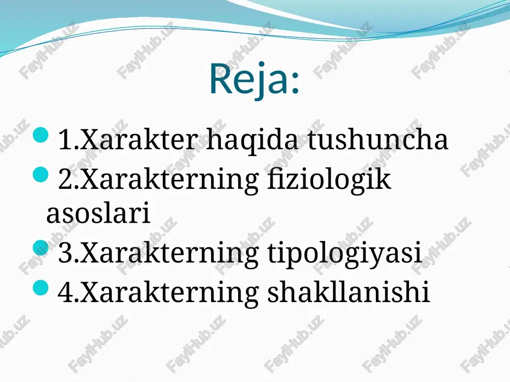 susiyatlari irsiyatning biologik qonuniyatlari bilan belgilanadi. bolalar ota-onasiga yaqin kishilarga va kattalarga o’xshashlikka harakat qiladi ular kattalarning yurish turishlari dasturhon atrofida ozini tutishi va boshqalarga taqlid qiladilar bolalarda ijobiy irodaviy va ahloqiy sifatlarni tarbiyalab yetkazmoq uchun ota-onalar va tarbiyachilarning o’zlari bunday sifatlarga ega bolmog’i lozim.xarakterning osishida tarbiya va o’z o’zini tarbiyalashning roli katta.xarakterni tarbiyalash jumladan temperamentning ijobiy tomonlarini yo’qotishdan va bu salbiy tomonlarini yo’qotmoq ijobiy xislatari bilan almashtirishdan iborat. e’tiboringiz uchun rahmat image2.jpeg image3.jpeg image4.jpeg image5.jpeg image6.jpeg /docprops/thumbnail.jpeg