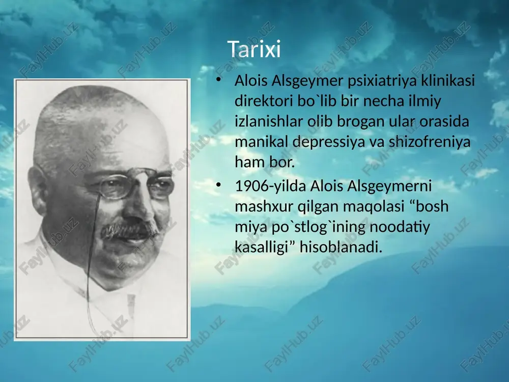 k omillari bilan bog`liqlik aniqlangan. 4. yurak-qon tomir kasalliklari har bir yurak urishi umumiy qonning 20-25 qismini bosh miyaga yetkazadi. qon bosimi oshosho, qandli diabet, xolesterin miqdori oshishi, qon tomirlar zararlanishi yoki insult alsgeymerga olib kelishi mumkin. 5.organizm umumiy qarishi spirtli ichimliklar ichish, sigaret chekish va ortiqcha vazn alsgeymerga olib kelishi mumkin. 6. aqliy mehnatning susayishi bazi tadqiqotlar bu kasllikni yoshlikdan aniqlashgan, yani maktab yoshidan. bazi bir tadqiqotlarda kalla suyagi hajmiga bog`liq bolgan. kalla kichik bo`lsa shuncha alsgeymerga moyil. yoshlik paytida yaxshi o`qimaslik ham alsgeymerga olib keladi. epidimologiya aqsh da 2000-yilda aholining 1,6 % alsgeymer kasalligi bilan kasallangan. 75-84 yoshli guruhlar o`rtasida bu ko`rsatkich 19%ni, 84 va undan yuqori yoshda esa 42% ni tashkil etadi. jsst ning 2005 yildagi tekshiruvida umumiy aholining 0,379%, 2015-yilda 0,411%. bu korsatkich 2030-yilda 0,556 % yetishi mumkin. alsgeymer rivojlanish mexanizmi alsgeymer rivojlanish mexanizmi neyronlar atrofida oqsil toplanadi va uning boshqa neyronlar bilan aloqasini uzadi natijada …
