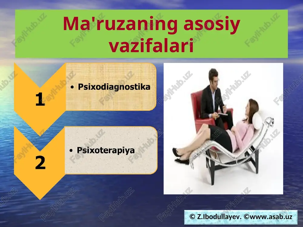 jak psixologga maslahatlar © z.ibodullayev. ©www.asab.uz bo‘lajak psixologga maslahatlar © z.ibodullayev. ©www.asab.uz psixoterapiya nima? insonda mavjud bo‘lgan patologik holatlar va kasalliklarni so‘z orqali davolashga psixoterapiya deb aytiladi. © z.ibodullayev. ©www.asab.uz psixoterapiya usullari © z.ibodullayev. ©www.asab.uz psixoterapiya yo‘nalishlari © z.ibodullayev. ©www.asab.uz ratsional psixoterapiya – bu… bemorda kechayotgan psixosomatik buzilishlarning asl sababi uning hissiyotida aks etayotgani va uni bemor o‘z fikrlari bilan bemalol boshqarishi mumkinligini izohlab beruvchi yo‘nalish. psixologik usullar orqali bosqichma-bosqich bemorga uning kasalligi sabablari, bu simptomlar nega yuzaga kelganligi, uni bartaraf etishda o‘z imkoniyatlaridan to‘laqonli foydalanish mumkinligi bemorga tushuntirib beriladi. qo‘lga kiritilgan har bir muvaffaqiyat rag‘batlantirib boriladi. © z.ibodullayev. ©www.asab.uz kognitiv psixoterapiya – bu… bemorda aslida yo‘q bo‘lgan kasallik alomatlari g‘ayritabiiy tarzda uning fikrida aks etgan. kognitiv psixoterapiya asoschilari kasallik haqidagi fikrlarni sog‘lom fikrlar bilan o‘zgartirish va ular yordamida miyaga o‘rnashib qolgan turli simptomlarni bartaraf etish mumkinligini ilgari surishadi. kognitiv psixoterapiya uslubi ratsional psixoterapiyaga o‘xshab ketadi. © z.ibodullayev. ©www.asab.uz psixodinamik …