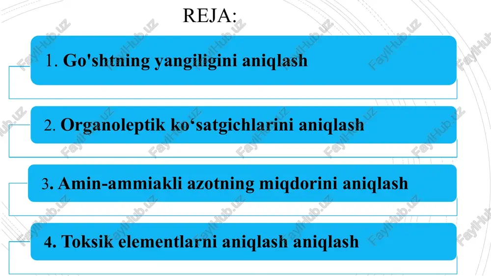 bunday go'sht oq qizil yog‘ bilan yorqin qizil rangga ega. 2-qadam. turgorligini aniqlash. barmoq bilan go'sht bosiladi – hosil bo‘lgan chuqurcha qanchalik tez yo'qolishiga e'tibor beriladi. agar go'sht bug'langan bo'lsa, chuqurcha deyarli bir zumda yo'qoladi. agar chuqur taxminan 2 daqiqada yo'qolmasa, unda go'sht eskirgan yoki muzlatib eritilgan bo‘ladi. 3-qadam. hidini aniqlash. tana go'shti yoki sinov namunasining sirt qatlamining hidi baholanadi. toza pichoqni ishlatib, chuqur kesiladi va nordon, chiriyotgan yoki yiring hidiga e'tibor berib, chuqur qatlamlardagi hid aniqlanadi. 4-qadam. yog 'holatini aniqlash. sirt va ichki yog'ni tekshirib ko'riladi, rangi va hidi aniqlanadi, kulrang yoki to‘q kulrang tus bor-yo'qligiga e'tibor beriladi. yog'ning mustahkamligi uni barmoqlaringiz bilan maydalash orqali aniqlanadi 5-qadam. tendonlarning holati . tendonlarni paypaslab, ularning elastikligi, zichligi va artikulyar yuzalarning holati aniqlanadi. 6-qadam. bulyonning tiniqligi va xushbo'yligi . buning uchun har bir namuna 2 mm diametrli panjarali teshikli go‘sht maydalagichdan alohida o‘tkaziladi va yaxshilab aralashtiriladi. bulyonning hidi 80-85 ° c ga …