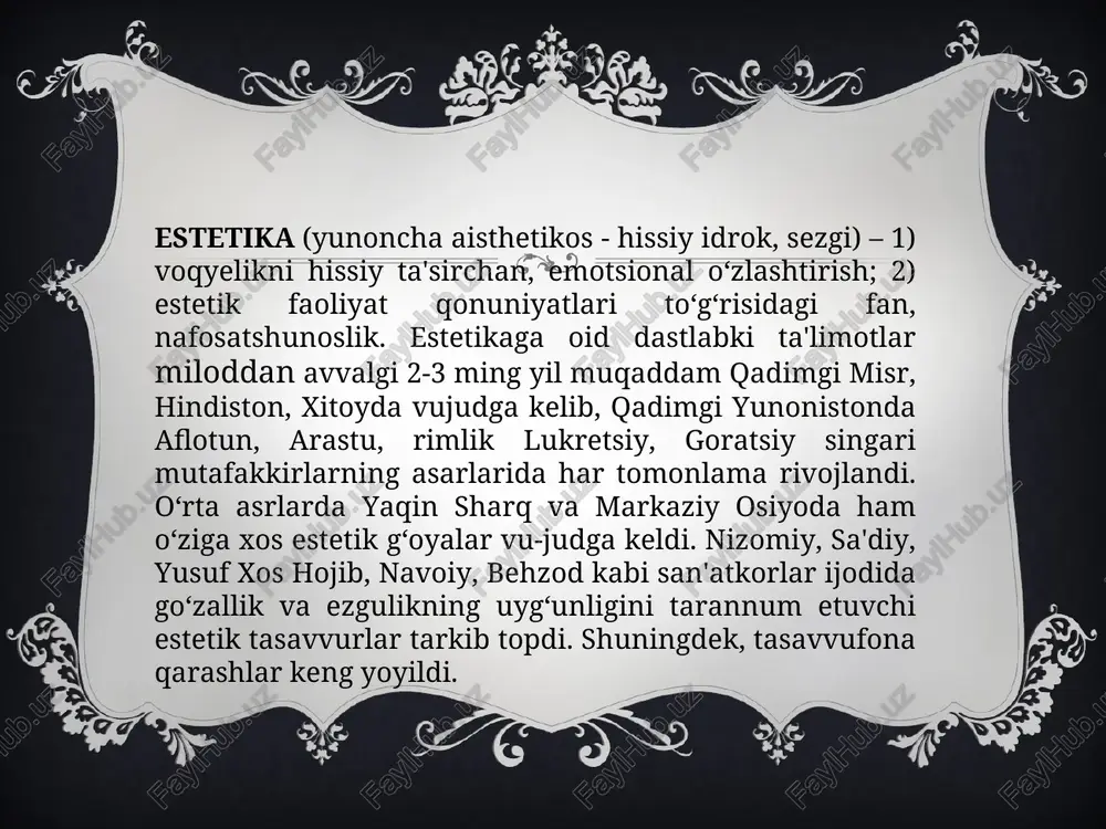 topadi. estetik did zaminida go‘zallikni xunuklikdan ajrata bilish va undan beg‘araz shodlanish hamda lazzatlanish qobiliyati yotadi. estetik did odamlarning dunyoqarashidan, ayniqsa, estetik qarashlaridan ajralmagan holda amal qiladi. estetik bilimlar va qarashlar didda ifodalanishi uchun ular shaxsning ichki dunyosiga, idrok qilish jarayonining o‘ziga singib ketishi, shaxsning mustahkam e'tiqodiga aylanishi lozim. estetik did o‘zida bevosita va bilvosita, hissiy va aqliy, yakka odam va jamiyat estetik didi qarama-qarshiliklari birligini mujassamlashtiradi. estetik didning ziddiyatli tabiati haqida dastlab kant munosabat bildirgan edi. kant nazarida did yakka odamga xos bo‘lgan insonning tug’ma qobiliyatidir. did shu qadar yakka tartibda ifoda topadiki, uni hech qanday dalillar bilan inkor etib bo‘lmaydi. did mulohazasi nihoyatda shaxsiy tabiatga molikdir. shu boisdan ham "did to‘g’risida bahslashmaydilar". lazzatlanish ob'yekti bo’lgan hissiylik, nafosat barcha uchun barobar darajada ahamiyatlidir, u faqat mazkur shaxsning o‘zigagina emas, balki hammaga yoqadi. inson o‘ziga yoqqan narsalarni boshqalarga ham yoqadi deb o‘ylaydi. demak, didlar uchun umumiy hisoblanadigan tomonlari ham bor. …
