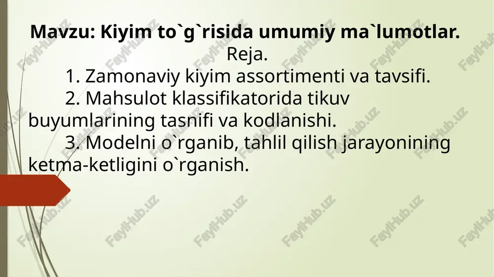 hi mumkin. sport kiyimlari sinfi sport turiga qarab kichik sinflarga, yosh — jinsga qarab 8 guruhlarga bo‘linadi. ishlab chiqarish kiyimlari sinfi vazifasiga ko‘ra uch kichik sinfga bo'linadi: 3.1 — maxsus kiyim; 3.2 — rasmiy kiyim; 3.3 — texnologik kiyim. maxsus kiyim himoyaviy funksiyasi bo‘yicha standart talablariga ko‘ra 13 guruh va 39 kichik guruhlarga bo'linadi. misol uchun, mexanik ta’sirlardan, past va yuqori haroratlardan, radioaktiv moddalardan, rentgen nurlaridan, kislota, ishqor, yog‘ va h.k. ta’sirlardan himoyaviy guruhlari farqlanadi. maxsus kiyimlar, maishiy kiyimlardek, o‘z navbatida turlarga bo‘linadi. rasmiy kiyimlar — harbiy xizmatchilar kiyimi, dengiz va daryo xizmatchilari kiyimi, temir yo‘lchilar kiyimi, aloqachilar kiyimi va boshqalar. rasmiy kiyimning asosiy xillari — shinel, palto, kitel, ko‘ylak, ich kiyim, bosh kiyim. texnologik kiyim — tibbiy va yuqori aniqlikni talab qiladigan ishlab chiqarishda odamni mehnat predmetlaridan muhofaza qilish uchun mo‘ljallangan. yosh va jinsga oid belgilar bo‘yicha rasmiy kiyim — erkaklar, ayollar kiyimlariga ajratiladi. kiyim sharoitga bog‘liq holda esa …