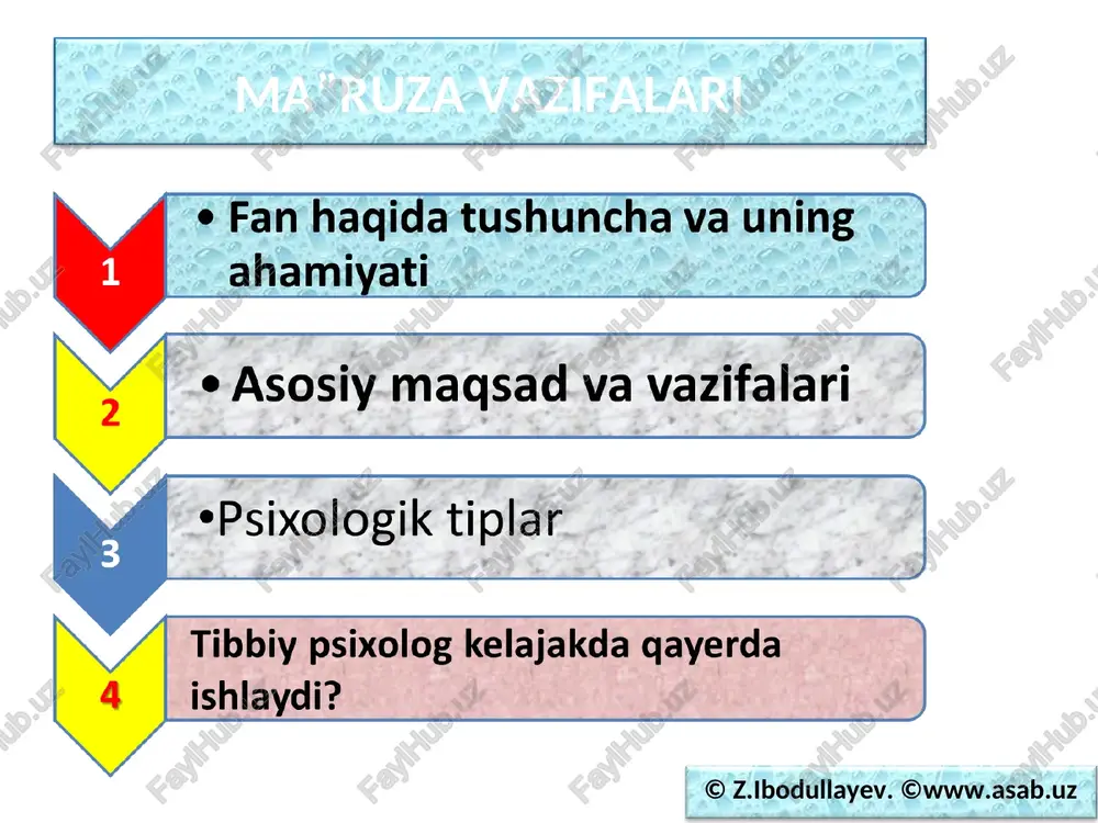 xofiziologik testlar). © z.ibodullayev. ©www.asab.uz psixologlar barcha odamlarni quyidagi 3 turga ajratib o‘rganishadi ruhiy sog‘lom kishilar; psixopatlar; ruhiy bemorlar. © z.ibodullayev. ©www.asab.uz temperament tiplari melanxolik – kim? sangvinik – kim? xolerik – kim? flegmatik – kim? © z.ibodullayev. ©www.asab.uz temperament tiplari sangvinik - harakatchan, xushchaqchaq va irodali odam. xolerik – jizzaki, chaqqon va jahldor. flegmatik – vazmin, kam harakatchan va bosiq odam; melanxolik – jur'atsiz, yig‘loqi va irodasiz odam. © z.ibodullayev. ©www.asab.uz temperament va kasallik sangvinik va flegmatiklar kasallikka kam chalinishadi, xolerik va melanxoliklar kasallikka moyil kishilardir (gippokrat). © z.ibodullayev. ©www.asab.uz shaxs tiplari ayzenk bo‘yicha: intravertlar – kam gap, ichki hissiyotlarini ichida yashirib yuradigan odamlar. ekstravertlar- ko‘p so‘zlashni xush ko‘radigan, o‘z sirlarini, his-tuyg‘ularini barchaga yoyib yuradigan odamlar. © z.ibodullayev. ©www.asab.uz shaxs tiplari i.p. pavlov bo‘yicha: 1) shoirtabiat shaxs – xulq-atvorida bosh miyaning o‘ng yarim shari ustunlik qiladi. ulardan ko‘proq sa'natkorlar, rassomlar va shoirlar yetishib chiqadi. 2) “fikrlovchi” – chap yarim …