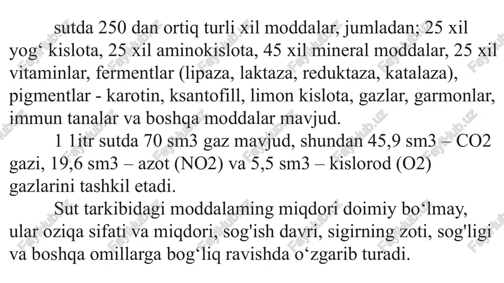 lish kerak. podadagi sigirlar sutidan yoki ko‘p idishlardan olingan namunani kurujka yoki chelakka quyib aralaslitirish va keyingi tahlil uchun butilkaga zarur miqdorda olish kerak. o‘rtacha namuna solinadigan idish toza, quruq bo‘lishi lozim. namuna olingan zahoti idish og‘zi tiqin bilan berkitilib, yorlig‘iga (etiketkasiga) namuna olingan kun va namunaning nomi (xo‘jalik, qachon sog'ilgan sut, sigirlar guruhi va x.k.) yozib qo‘yiladi. namuna olgich nay bo‘lmaganida, namunani proporsional miqdorda qanchadan olish lozimligini hisoblab chiqib, uni maxsus o‘lchagich yoki o‘lchov silindirlarida olchab olish ham mumkin. masalan, ikki kun davomida sog‘ib olingan sutning zichligi, yog‘i va quruq moddalar miqdorini aniqlash uchun taxminan 200 ml sut olish kerak bo ladi. sigirdan kunda 10 1 sut sogmb olinadi. ikki kunda sog‘ib olinadigan sut miqdori boshqa kunlarga nisbatan o‘zgarmaydi va shu vaqt orasida 4 marta sog'ilganida 20 1 sut olinadi deb faraz qilaylik. demak, 1 1 sutdan 200 : 20 = 10 ml namuna olish kerak. birinchi kuni ertalab …